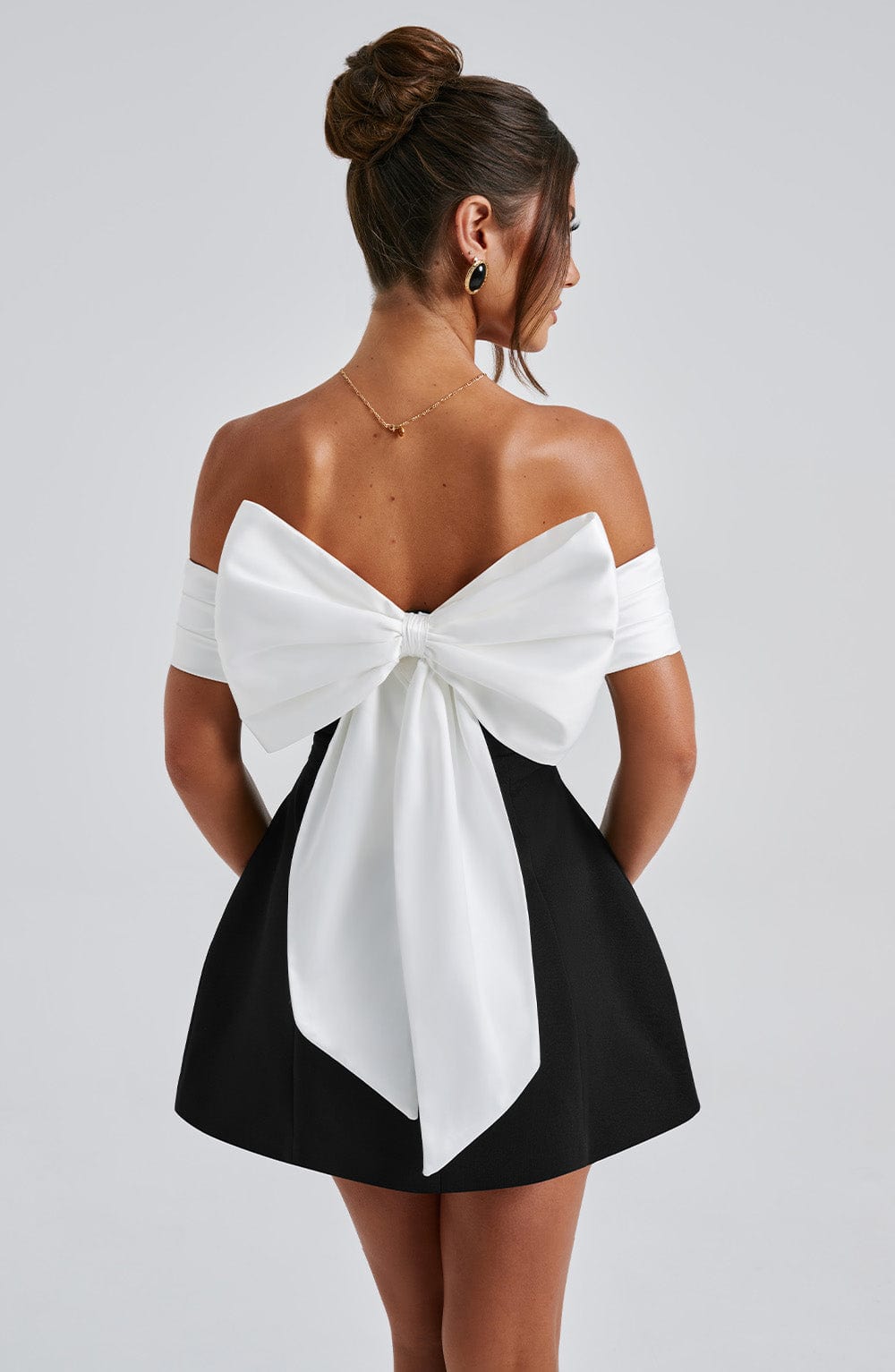 M.T Women's Dress Bardot Bubble Hem Black/White Crepe Party Mini Dress