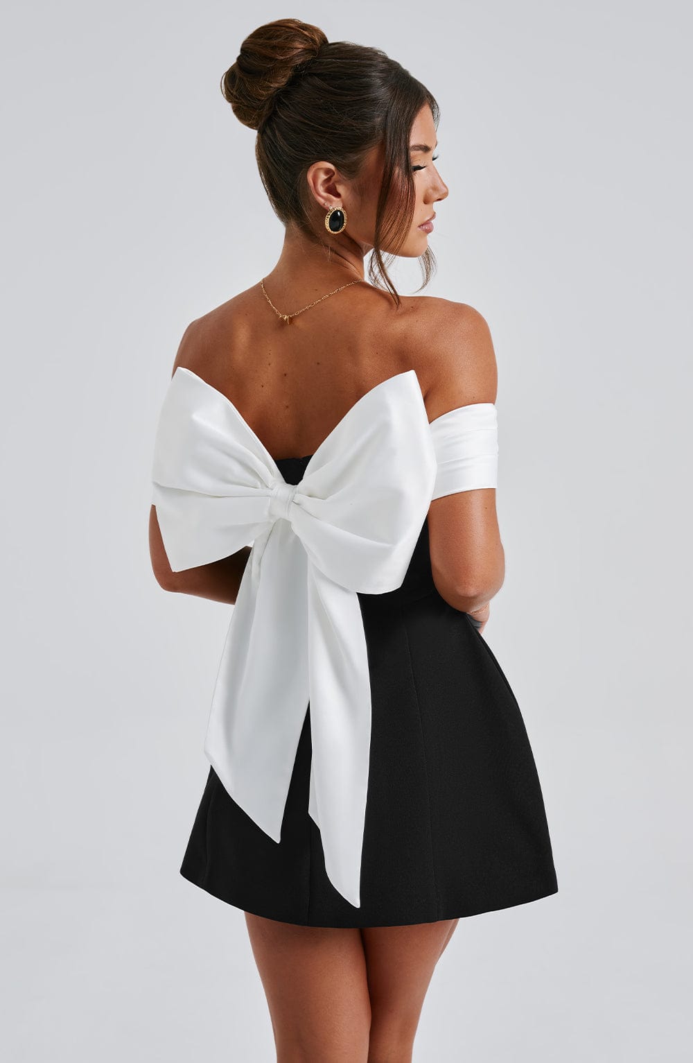 M.T Women's Dress Bardot Bubble Hem Black/White Crepe Party Mini Dress