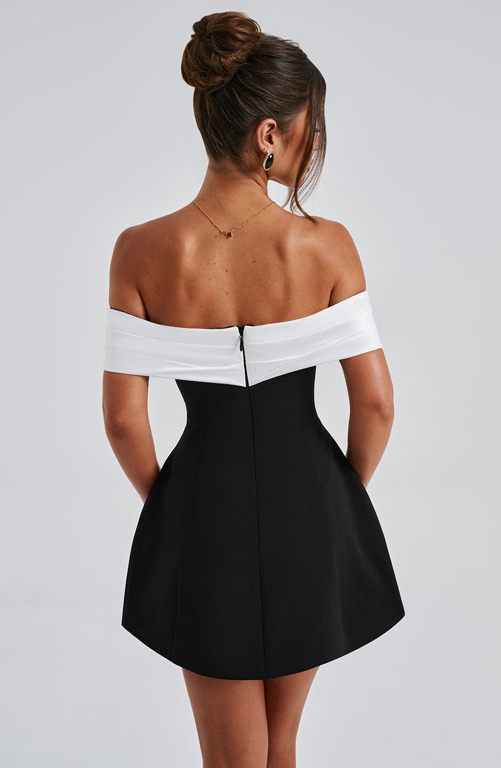 M.T Women's Dress Bardot Bubble Hem Black/White Crepe Party Mini Dress