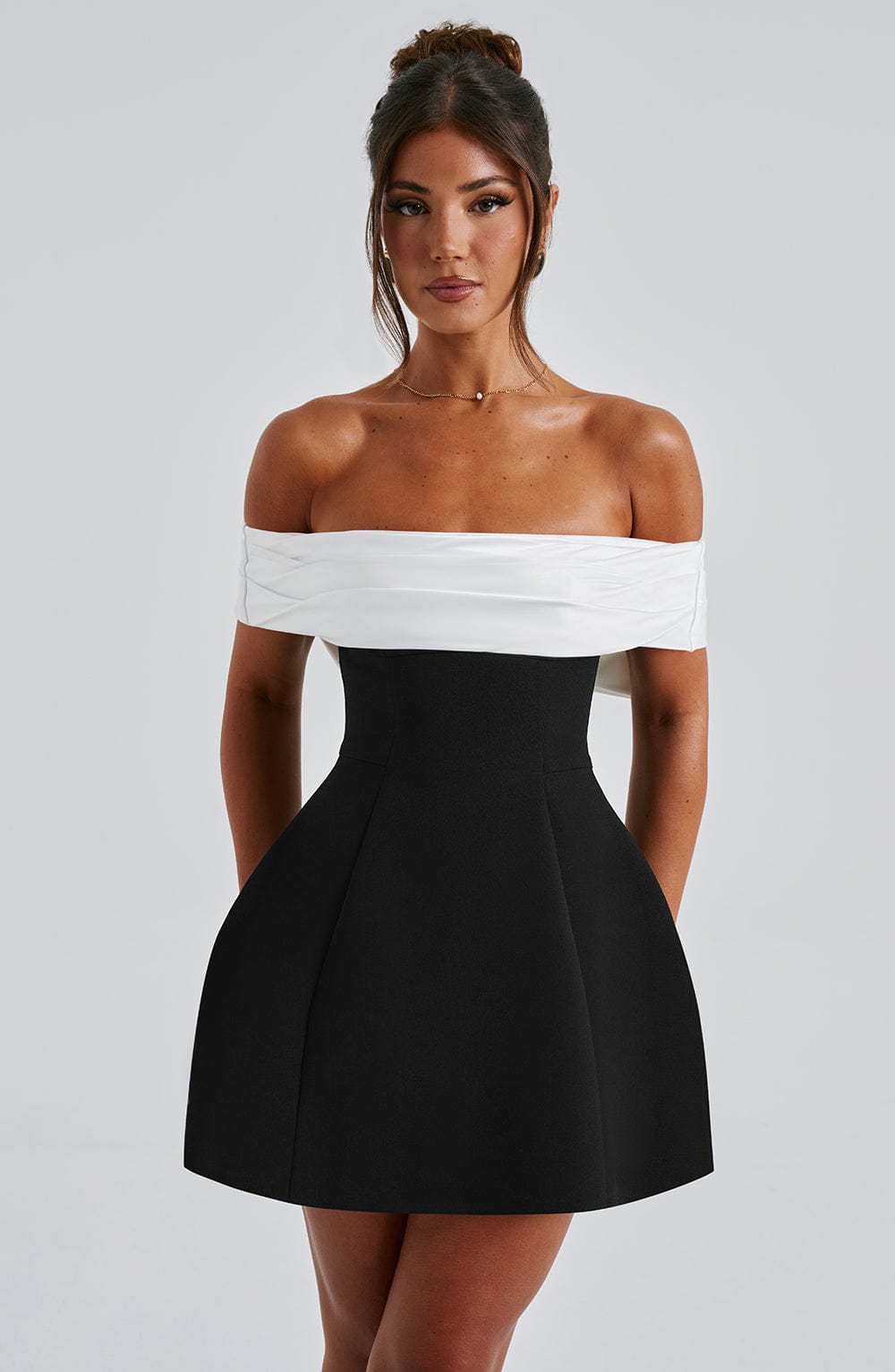 M.T Women's Dress Bardot Bubble Hem Black/White Crepe Party Mini Dress