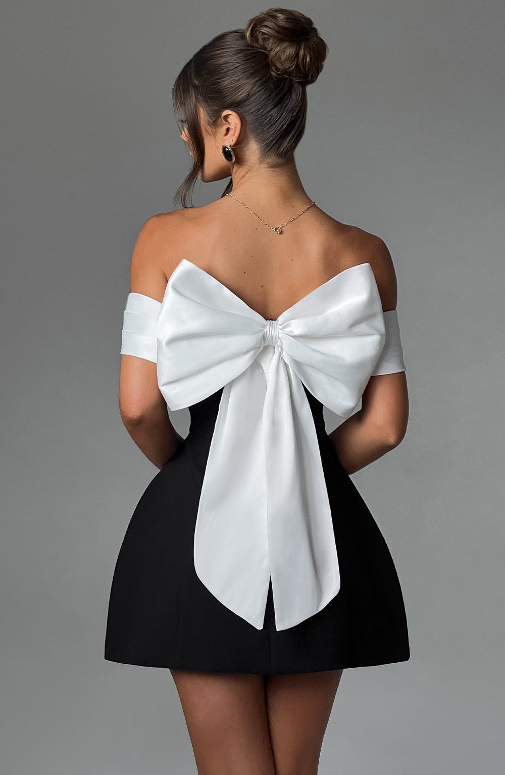 M.T Women's Dress Bardot Bubble Hem Black/White Crepe Party Mini Dress