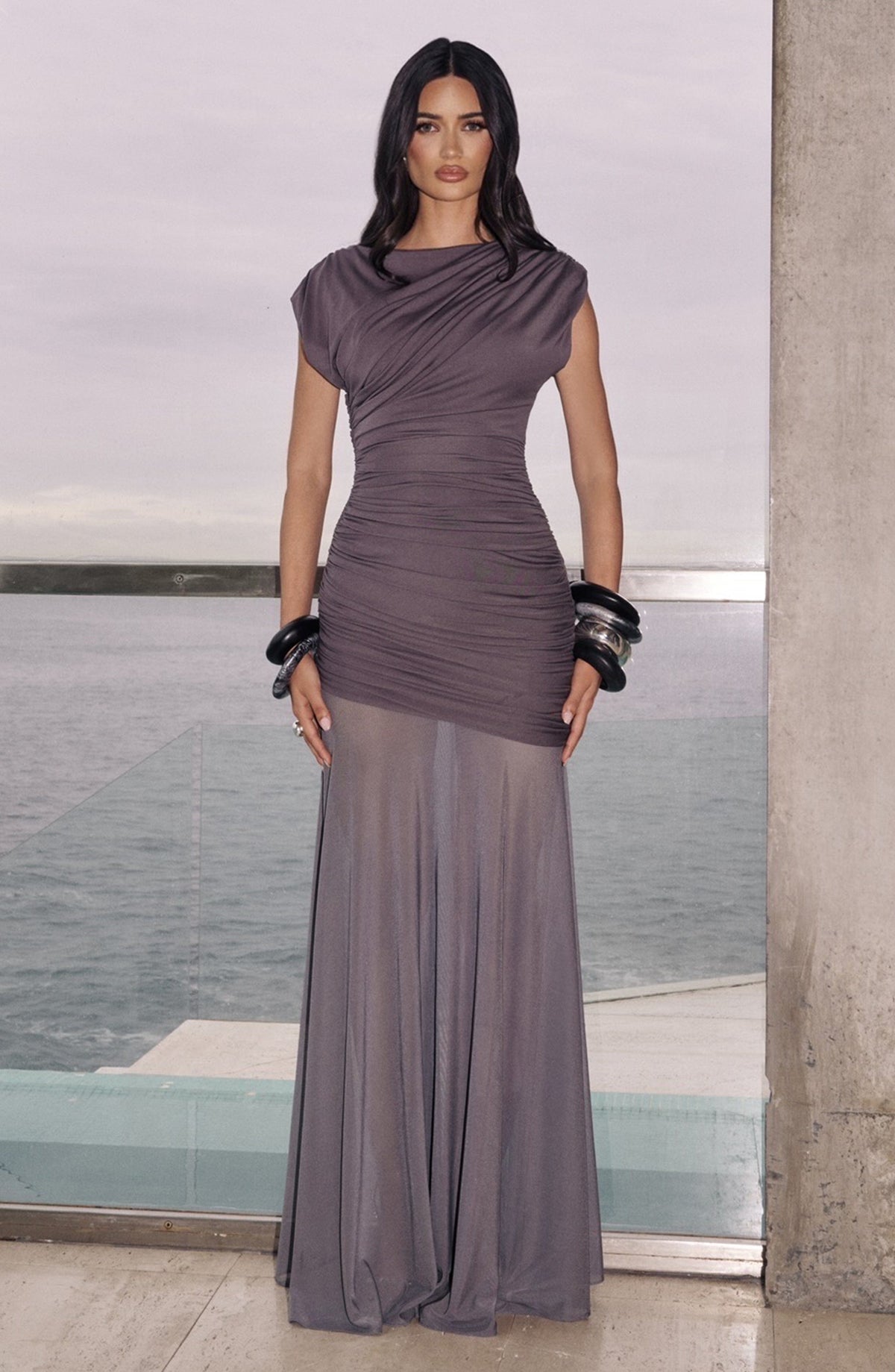 L.F Women's Dress Flare Charcoal Modal Jersey Mesh Formal