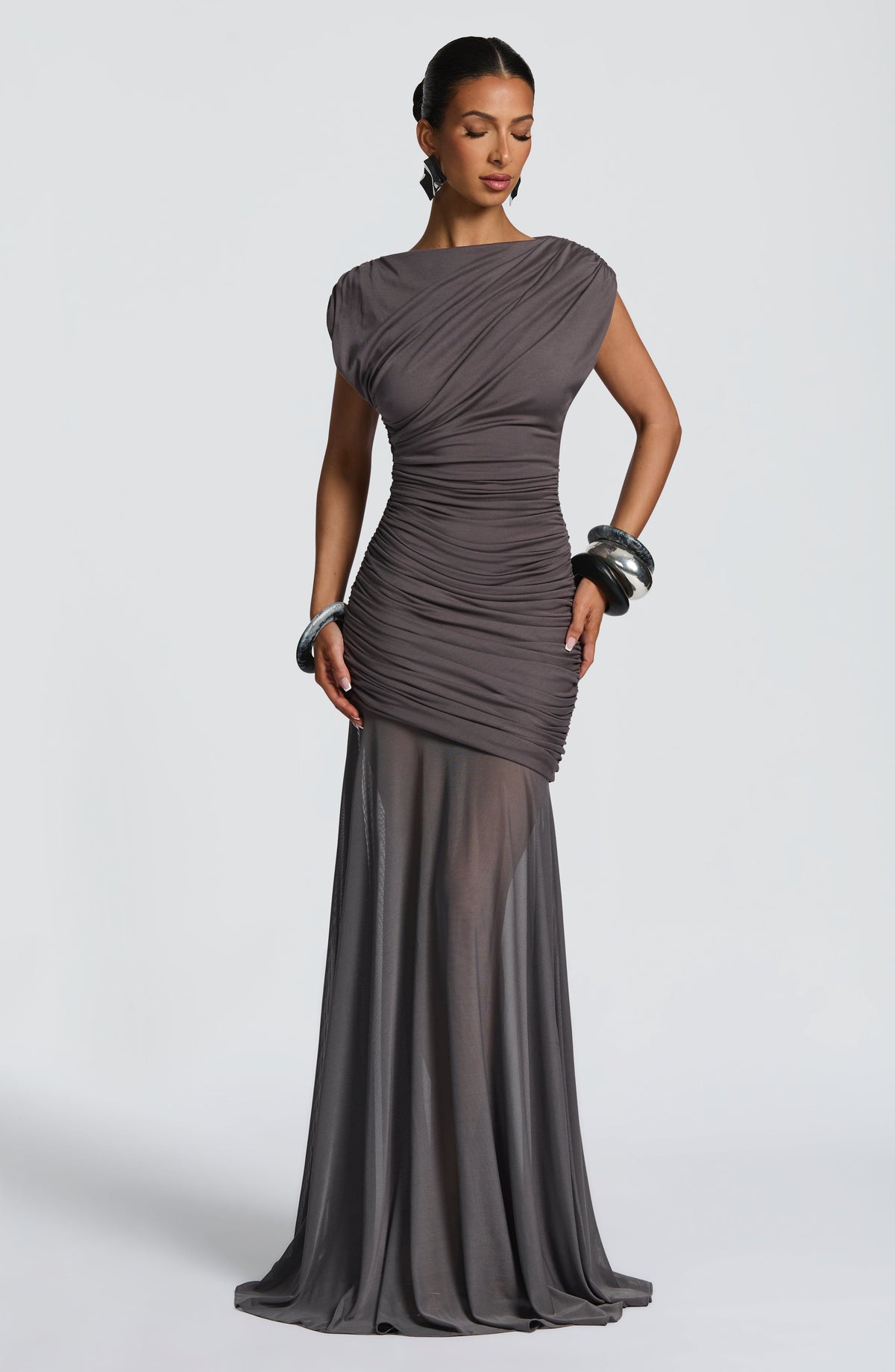 L.F Women's Dress Flare Charcoal Modal Jersey Mesh Formal