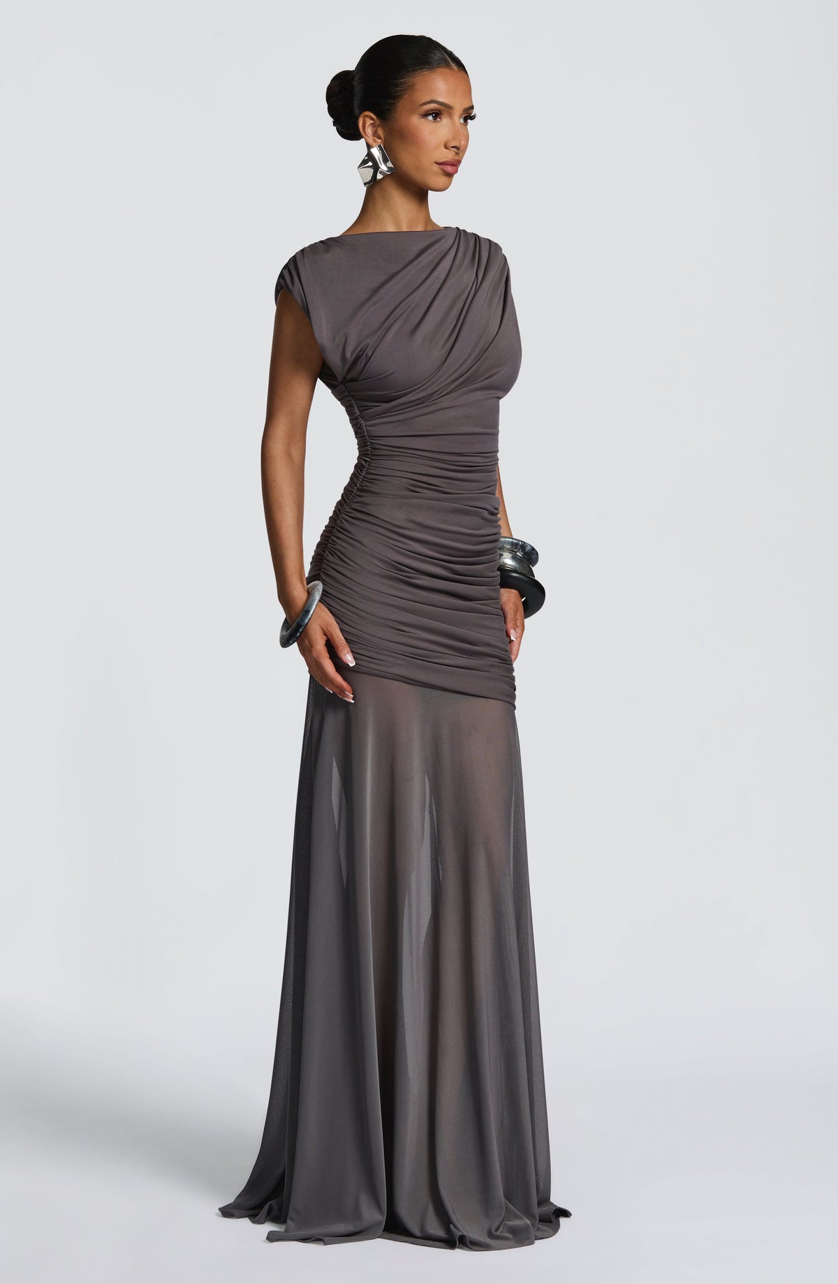 L.F Women's Dress Flare Charcoal Modal Jersey Mesh Formal