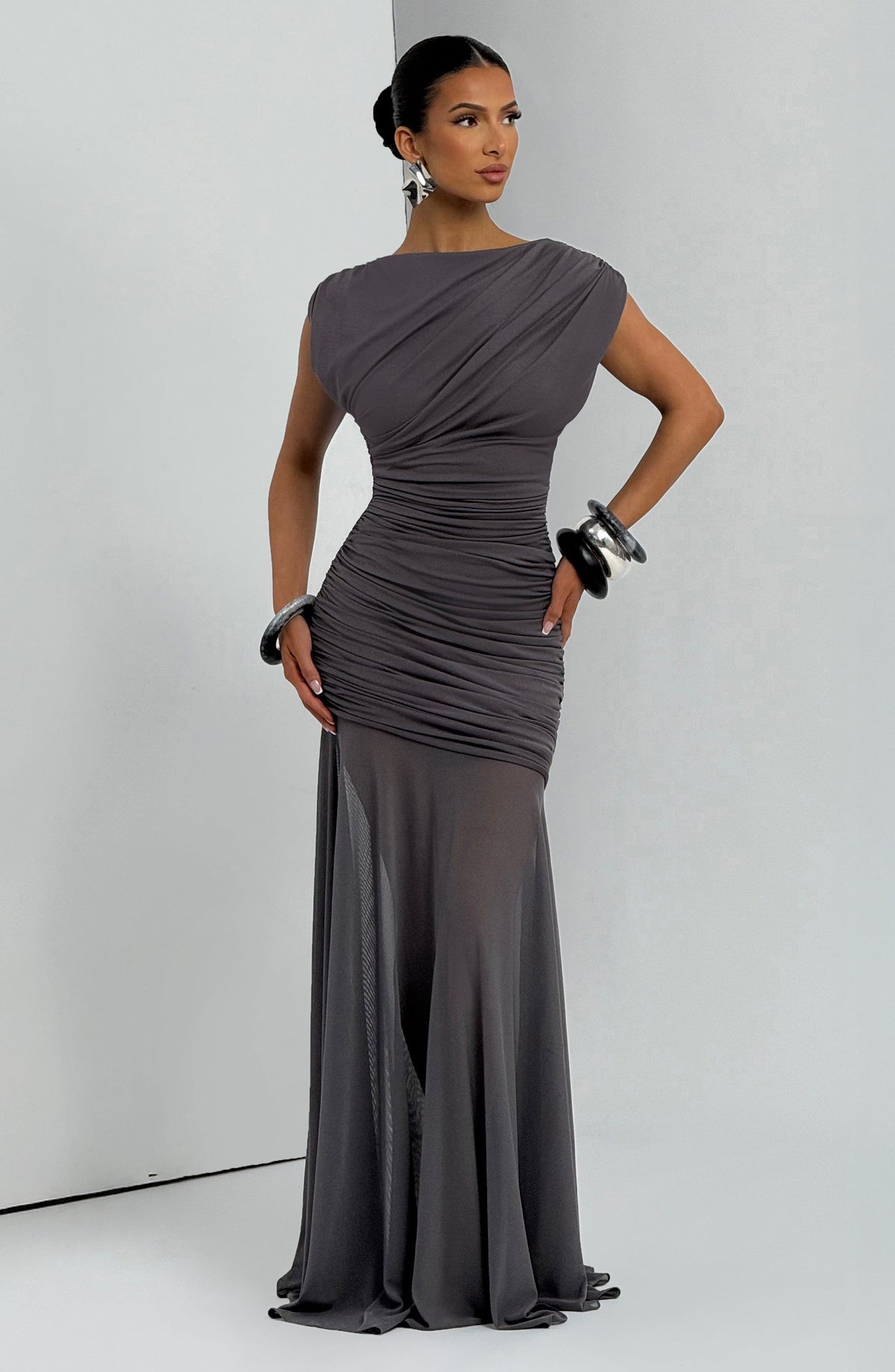 L.F Women's Dress Flare Charcoal Modal Jersey Mesh Formal