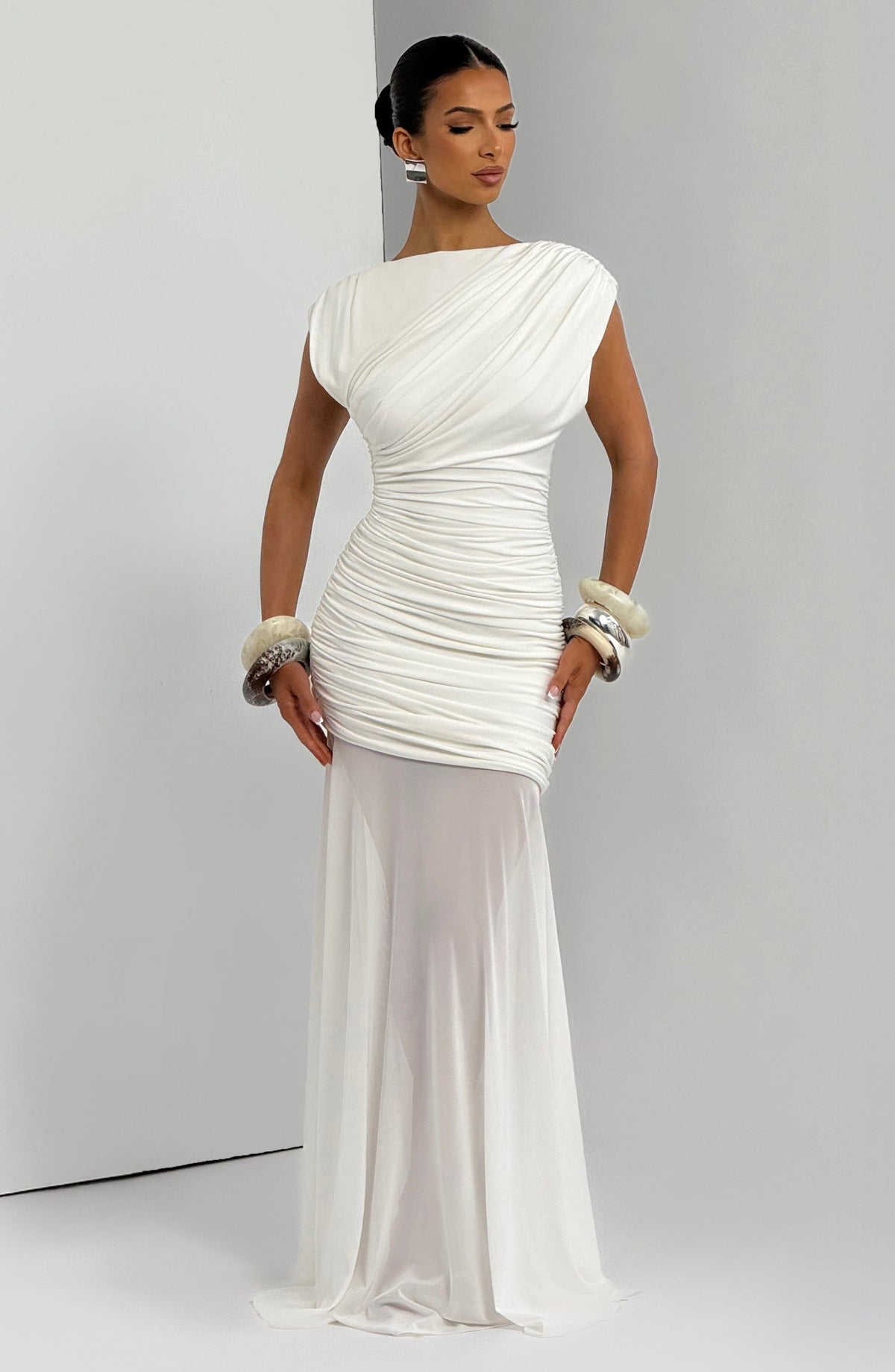 L.F Women's Dress Ruched Flared Ivory Modal Jersey Formal