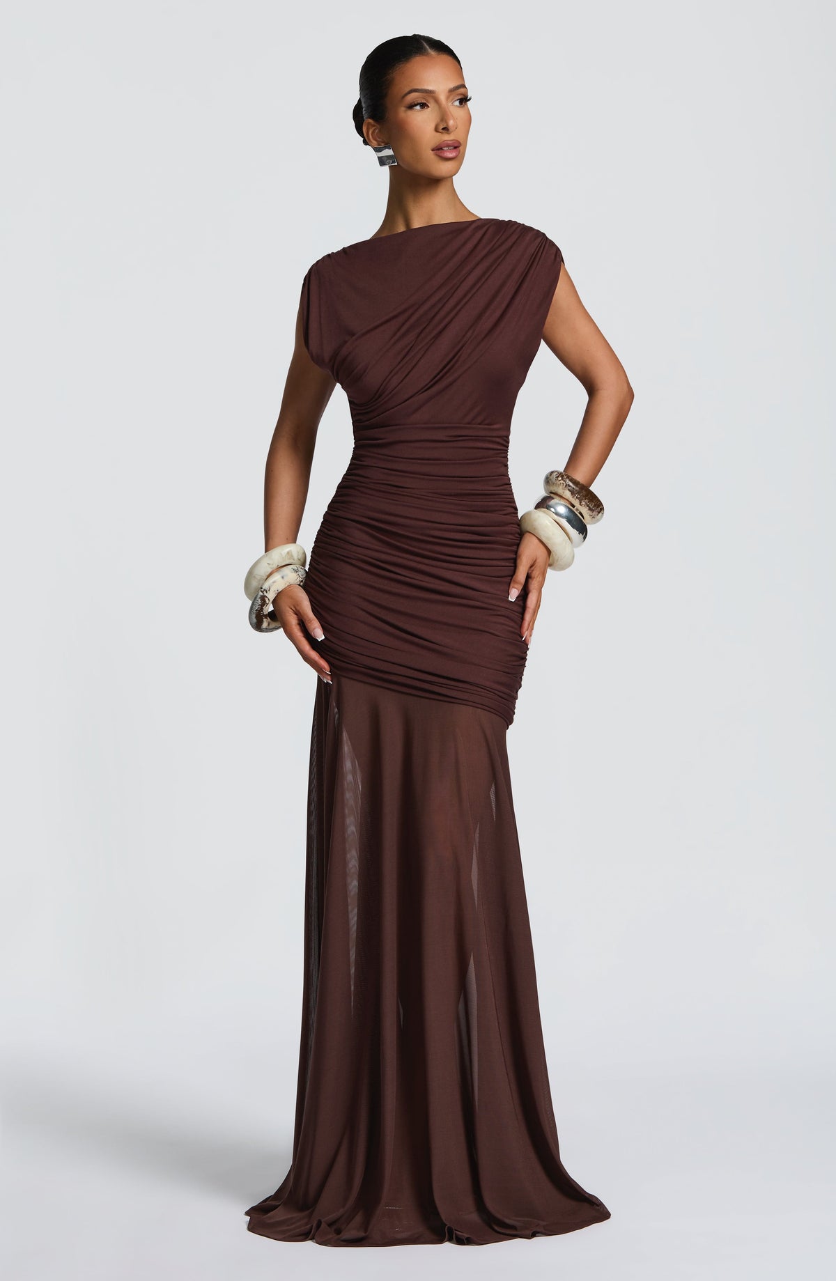 L.F Women's Dress Flare Demelza Plum Brown Ruched Mesh Formal