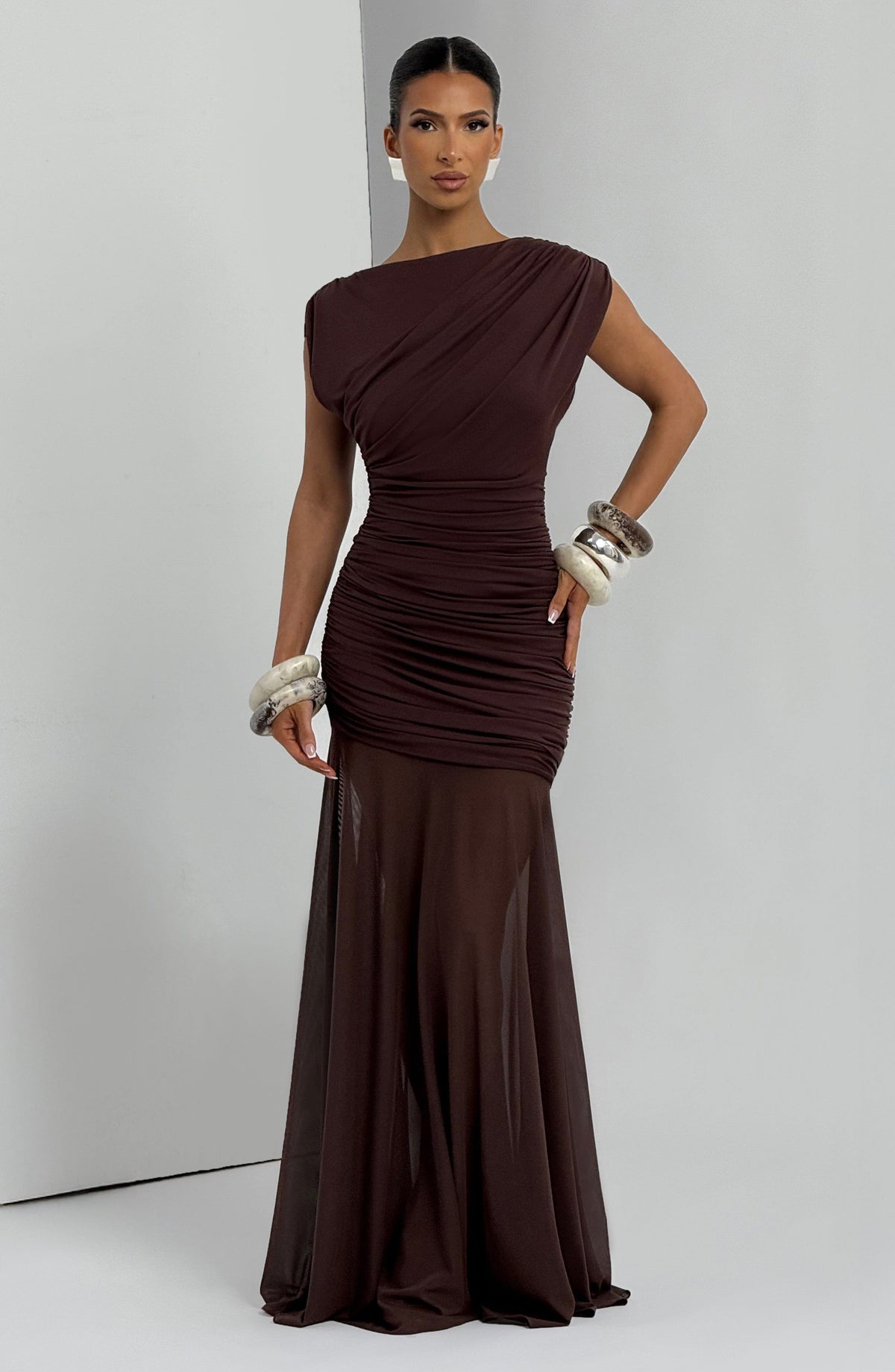L.F Women's Dress Flare Demelza Plum Brown Ruched Mesh Formal