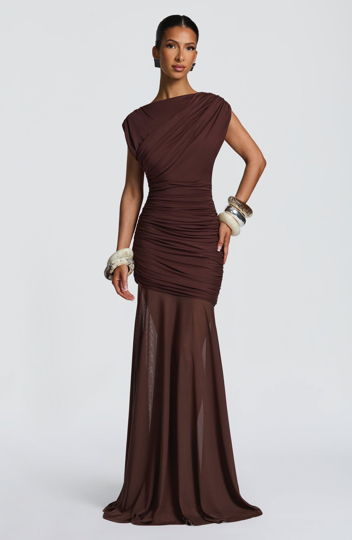 L.F Women's Dress Flare Demelza Plum Brown Ruched Mesh Formal