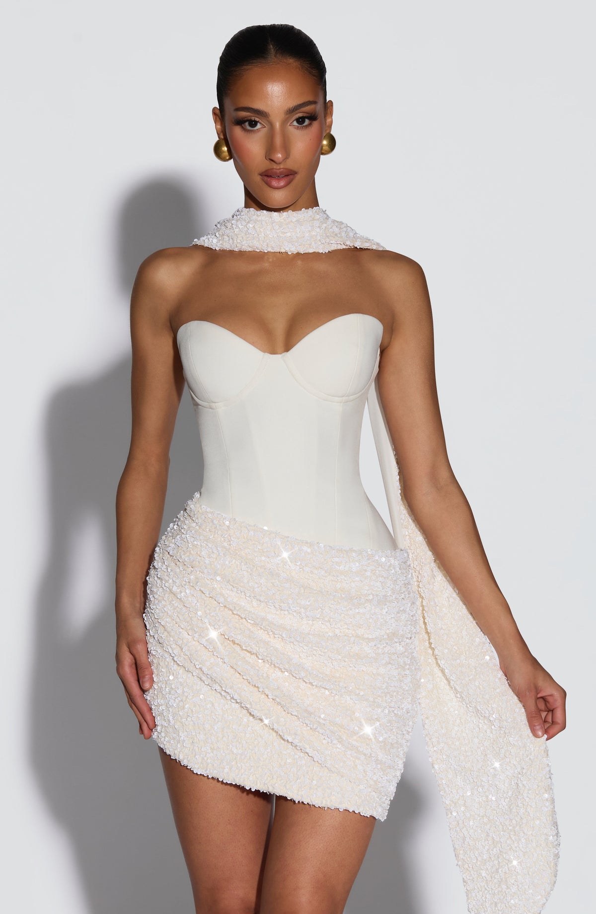 R.F Women's Dress Strapless Mini Ivory Sequin Evening