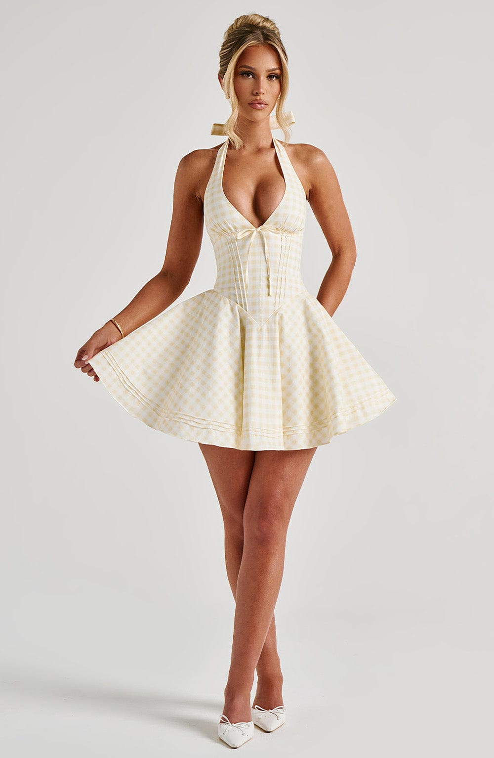 R.F Women's Dress Mini Plunge Lemon Gingham Cotton Party