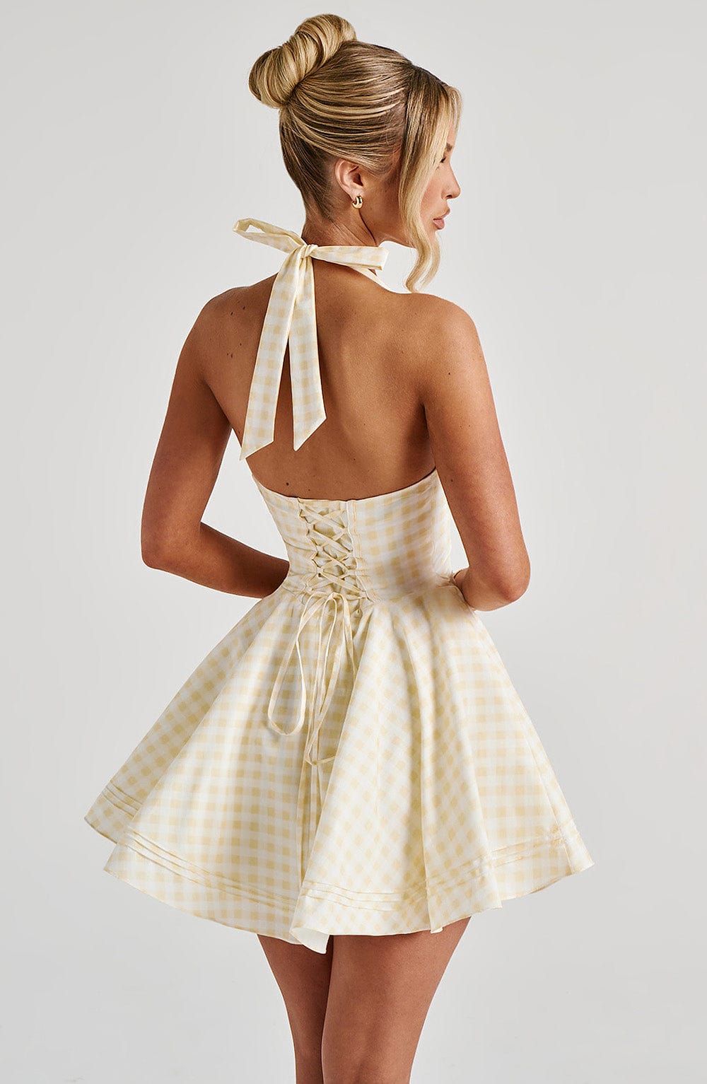 R.F Women's Dress Mini Plunge Lemon Gingham Cotton Party
