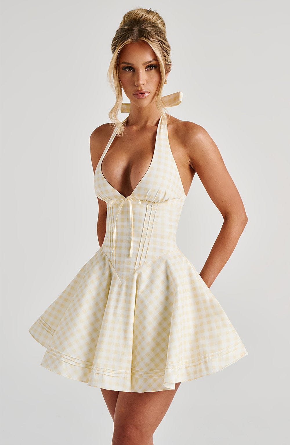 R.F Women's Dress Mini Plunge Lemon Gingham Cotton Party