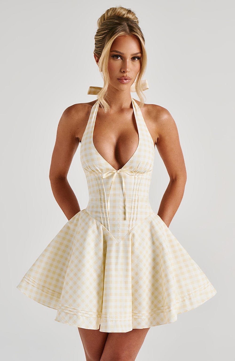 R.F Women's Dress Mini Plunge Lemon Gingham Cotton Party
