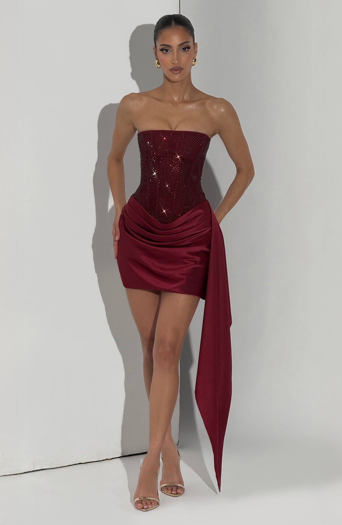 Ebony Women's Dress Strapless Mini Burgundy Embellished Satin Party