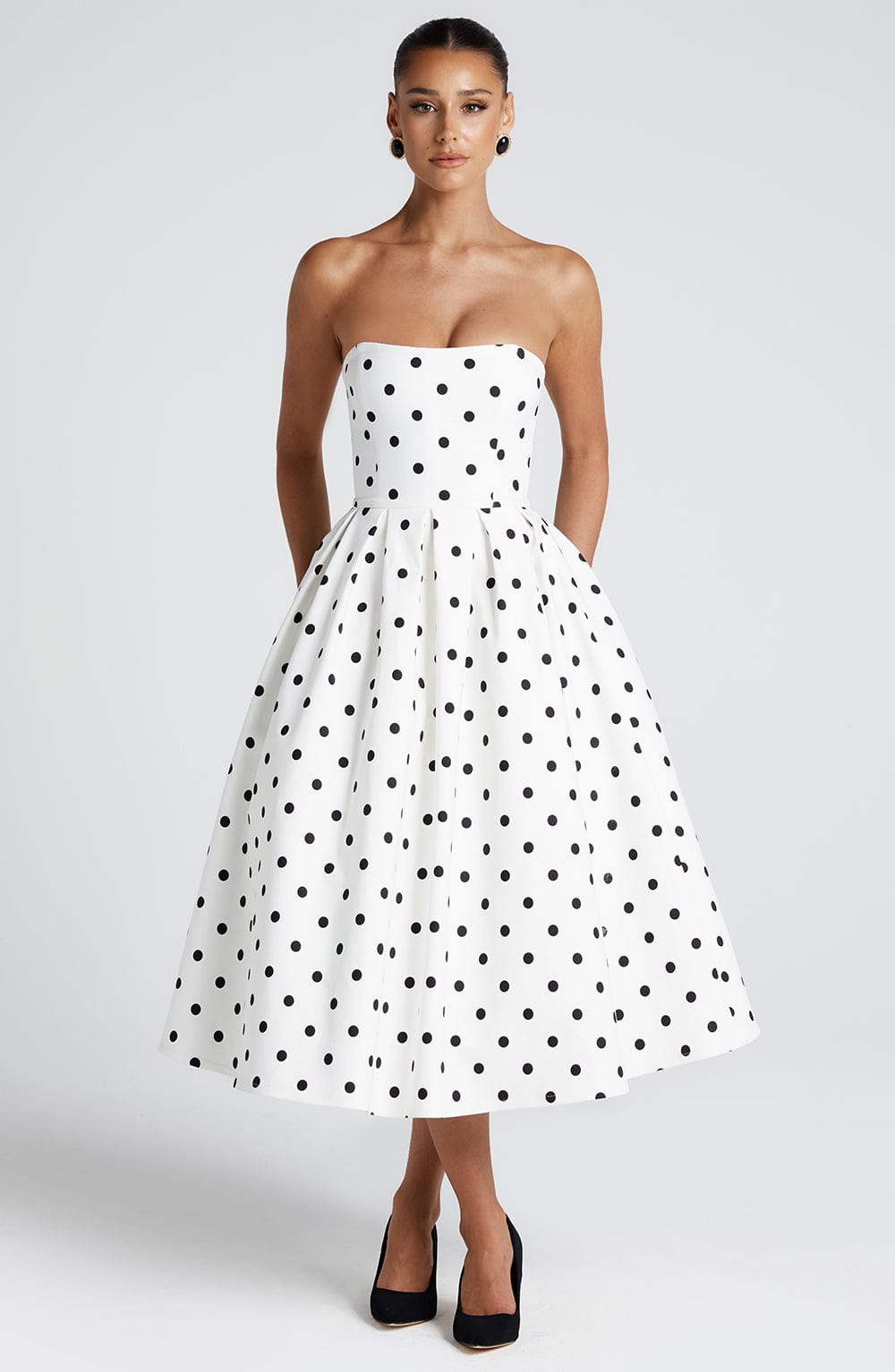 R.F Women's Dress Edith Midi Black Polka Dot Bengaline Cocktail Party