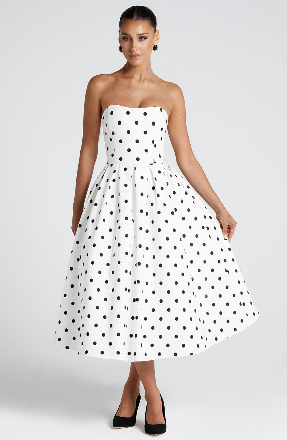 R.F Women's Dress Edith Midi Black Polka Dot Bengaline Cocktail Party