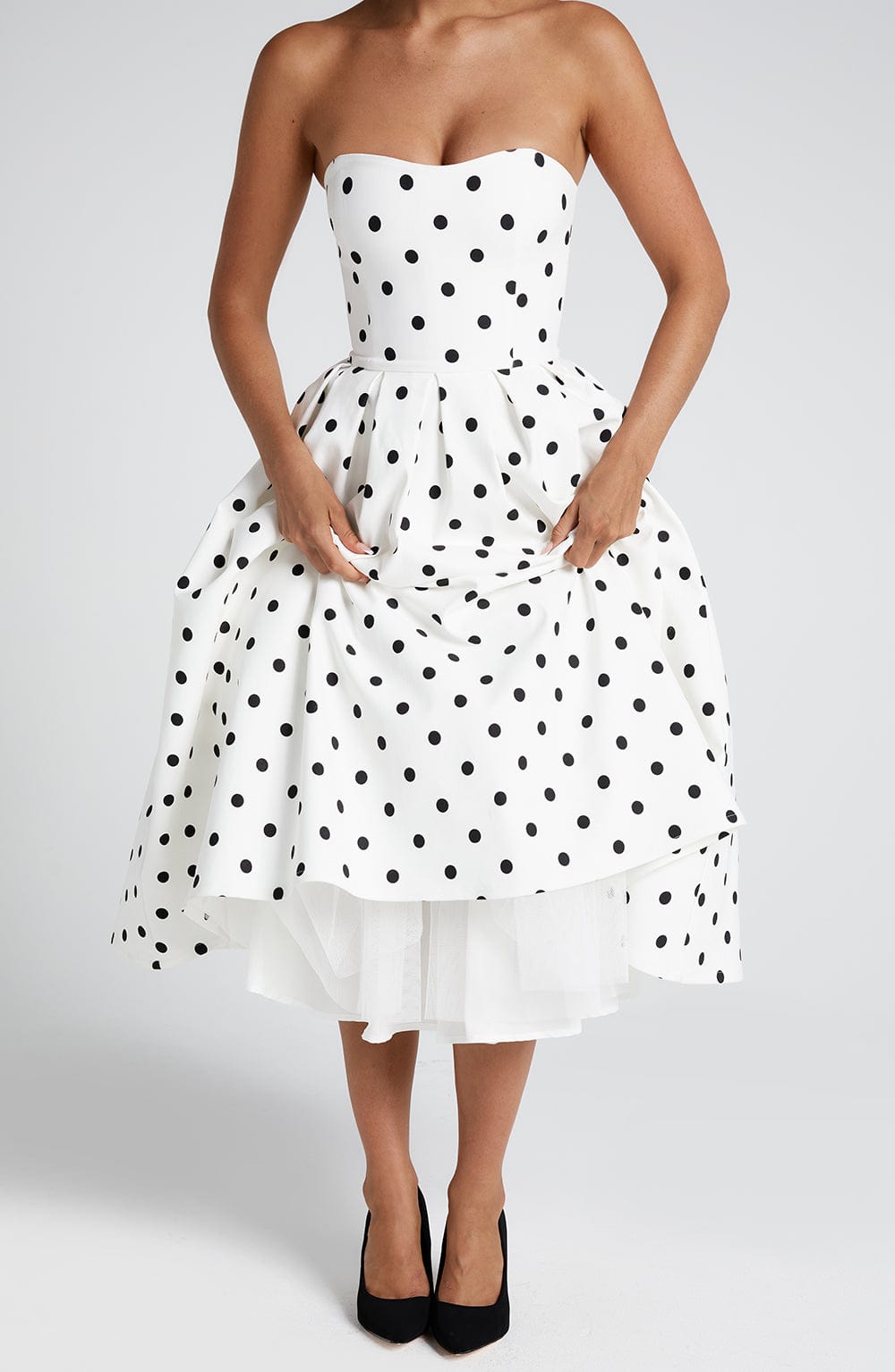 R.F Women's Dress Edith Midi Black Polka Dot Bengaline Cocktail Party