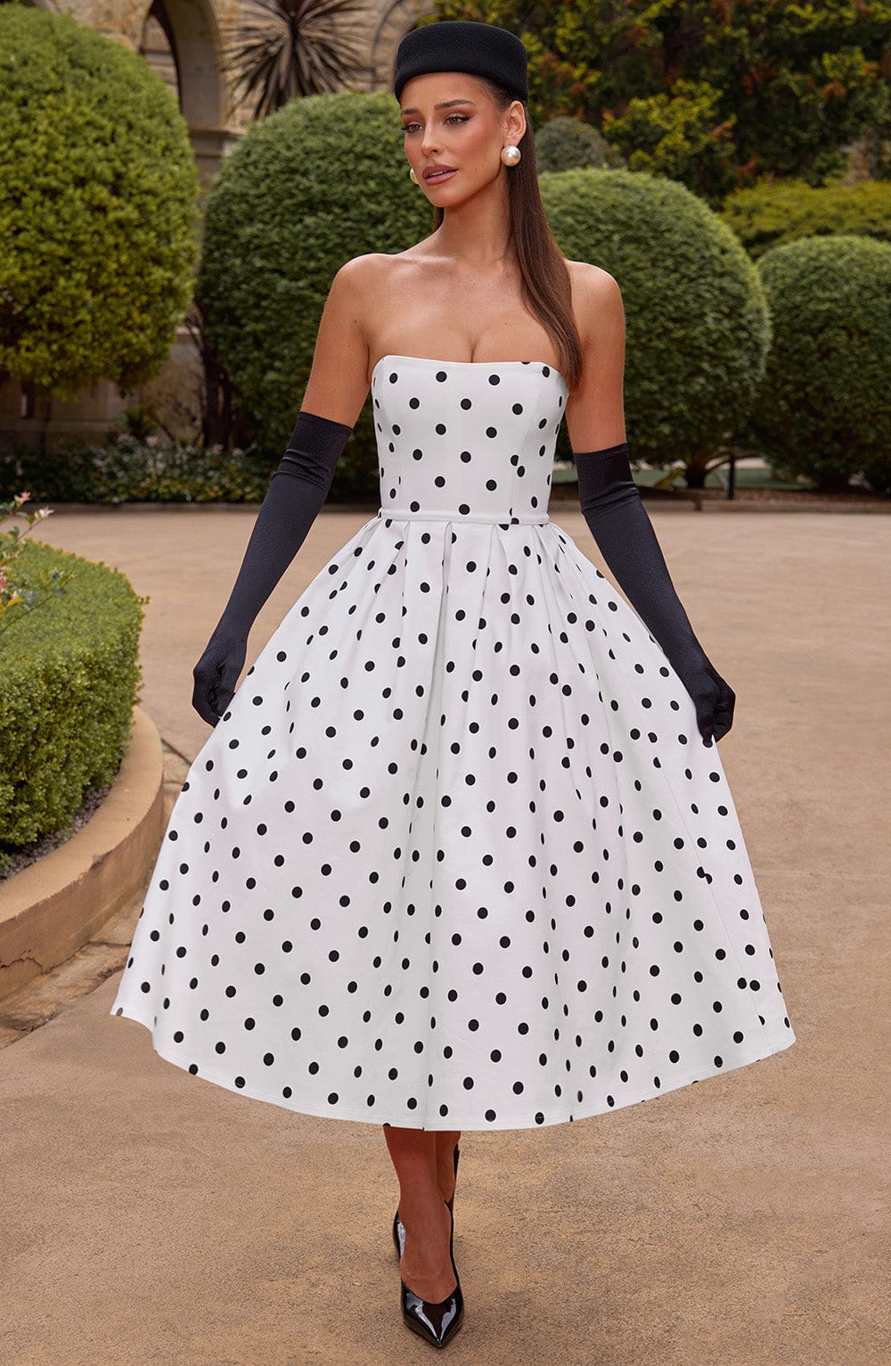 R.F Women's Dress Edith Midi Black Polka Dot Bengaline Cocktail Party