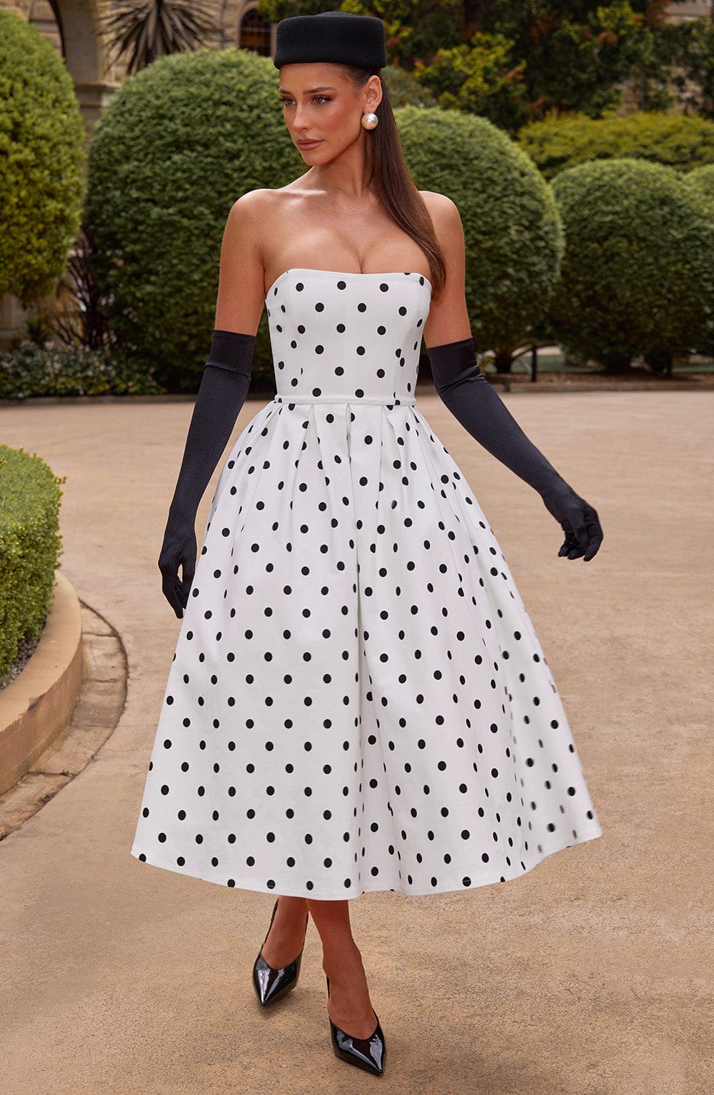 R.F Women's Dress Edith Midi Black Polka Dot Bengaline Cocktail Party
