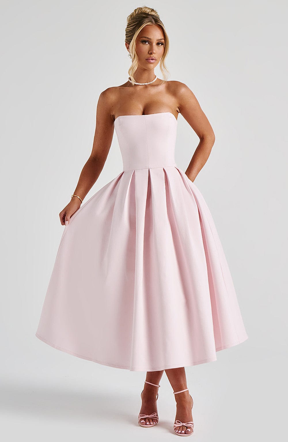 R.F Women's Dress Strapless Midi Blush Bengaline Pleated Wedding Guest Party