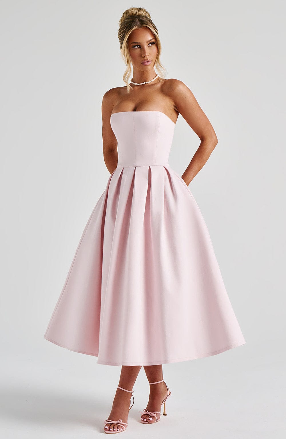 R.F Women's Dress Strapless Midi Blush Bengaline Pleated Wedding Guest Party