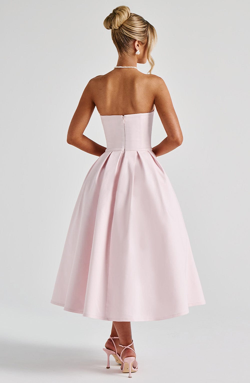 R.F Women's Dress Strapless Midi Blush Bengaline Pleated Wedding Guest Party
