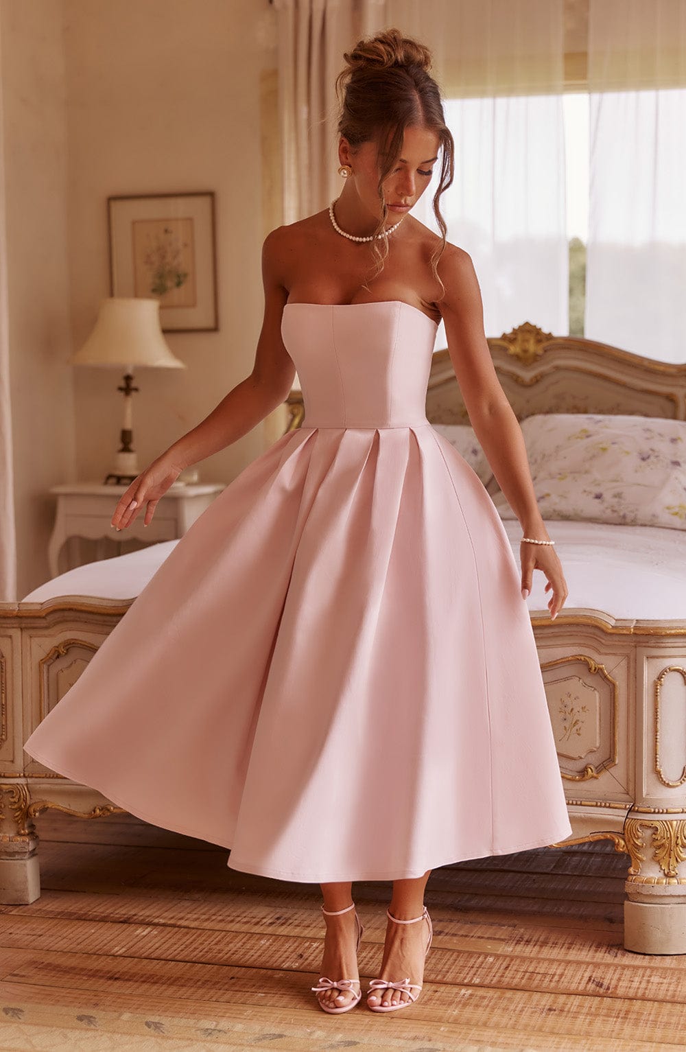 R.F Women's Dress Strapless Midi Blush Bengaline Pleated Wedding Guest Party