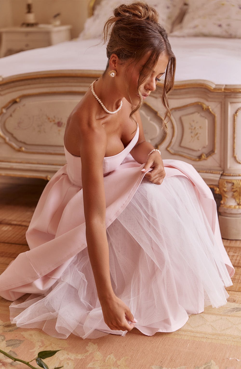 R.F Women's Dress Strapless Midi Blush Bengaline Pleated Wedding Guest Party