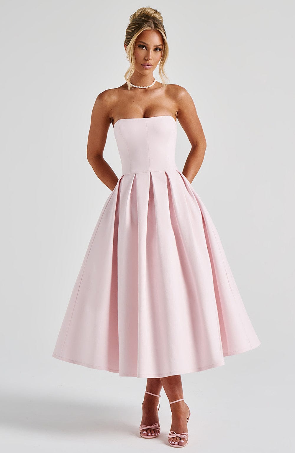 R.F Women's Dress Strapless Midi Blush Bengaline Pleated Wedding Guest Party