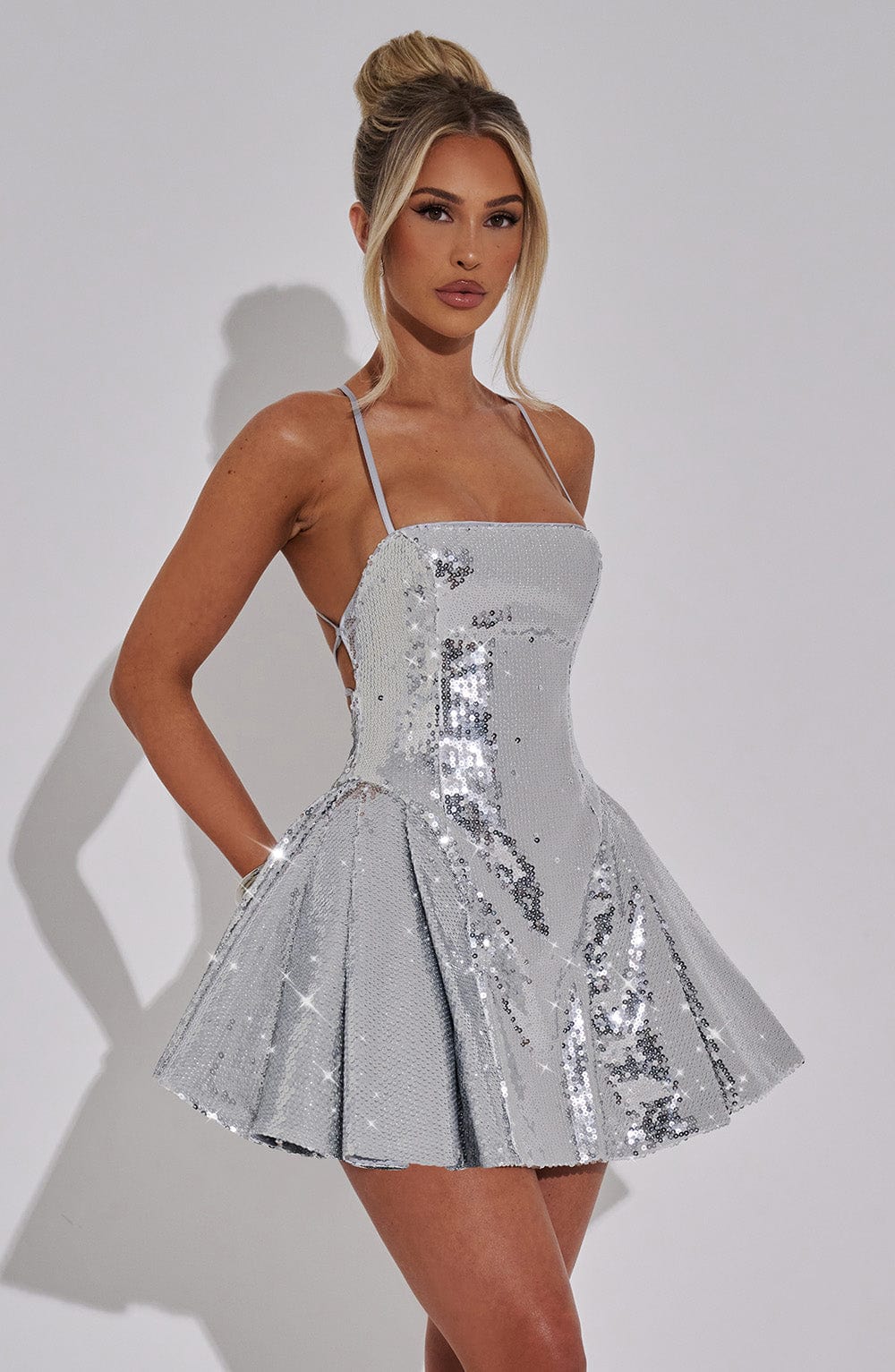 K.Y Women's Dress Electra Mini Silver Sequin Party