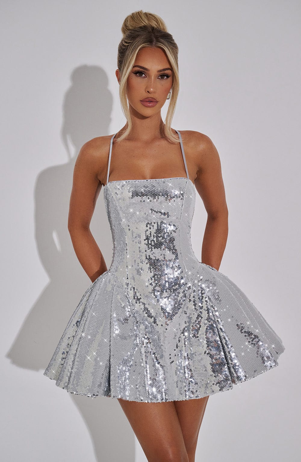 K.Y Women's Dress Electra Mini Silver Sequin Party