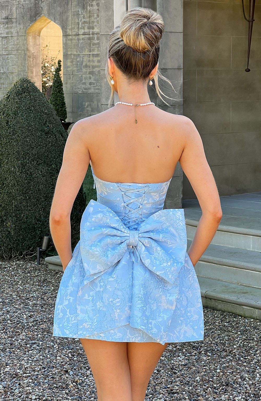 K.Y Women's Dress Strapless Mini Blue Floral Jacquard Cocktail