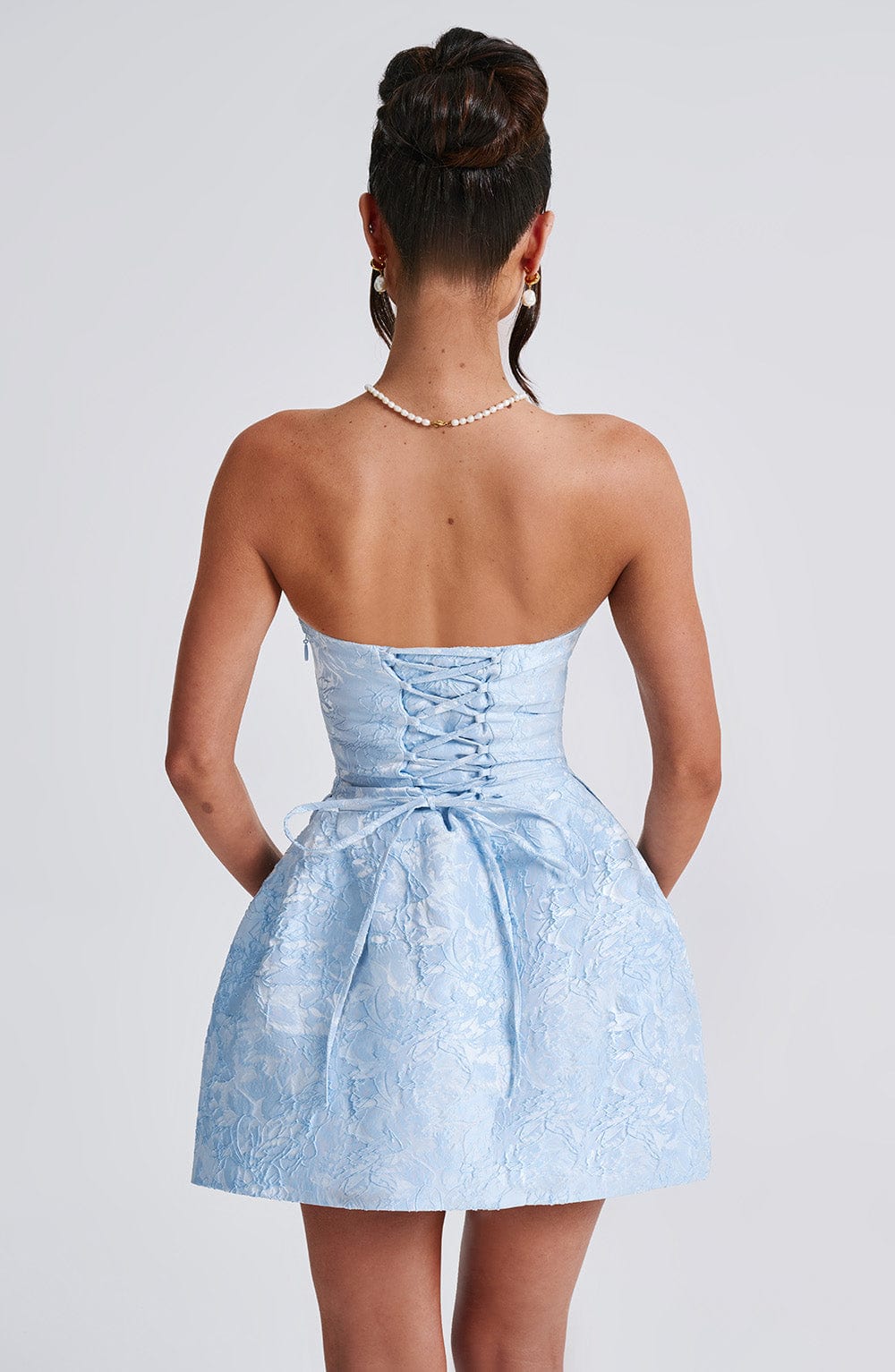 K.Y Women's Dress Strapless Mini Blue Floral Jacquard Cocktail