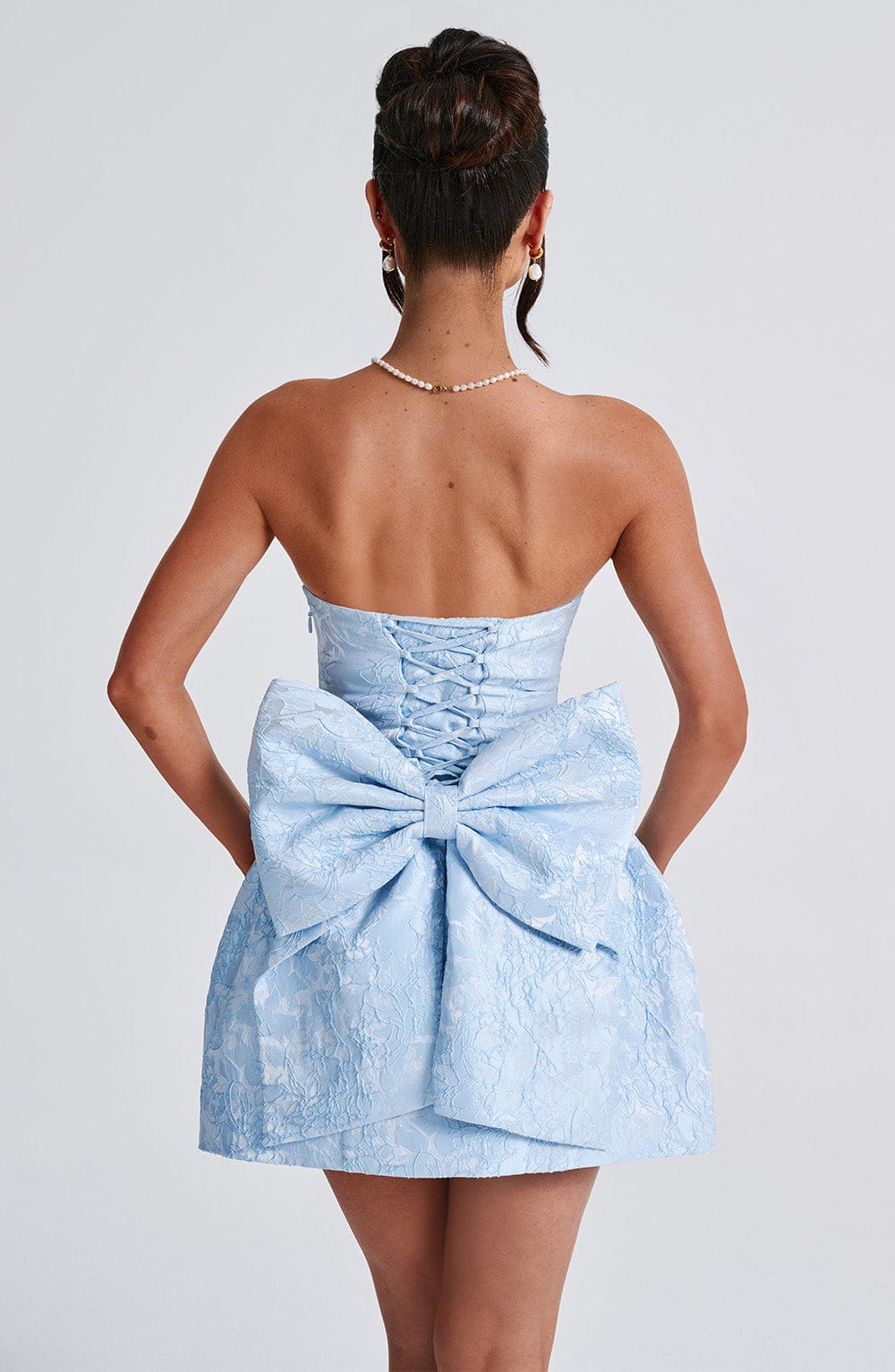 K.Y Women's Dress Strapless Mini Blue Floral Jacquard Cocktail