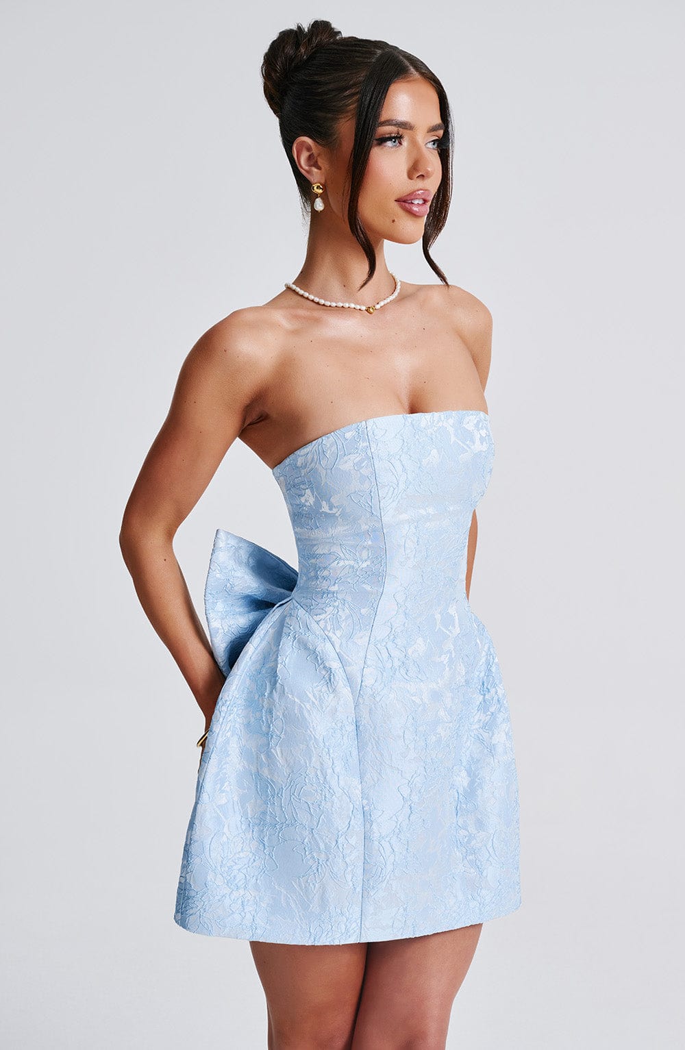 K.Y Women's Dress Strapless Mini Blue Floral Jacquard Cocktail