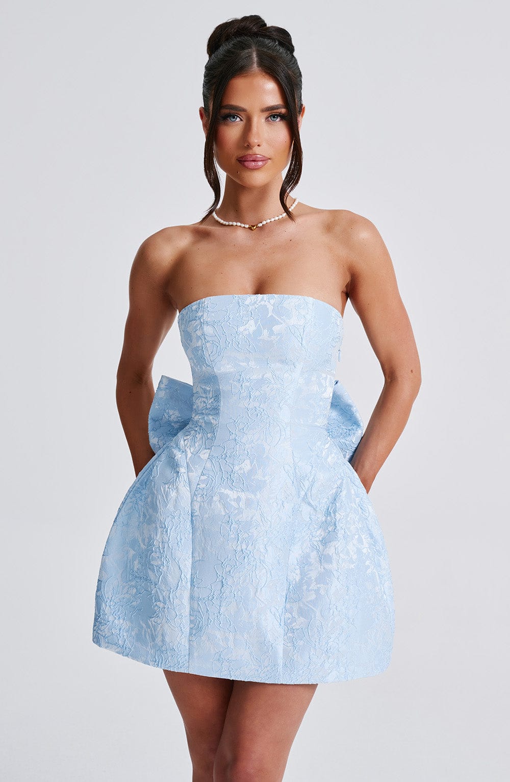 K.Y Women's Dress Strapless Mini Blue Floral Jacquard Cocktail