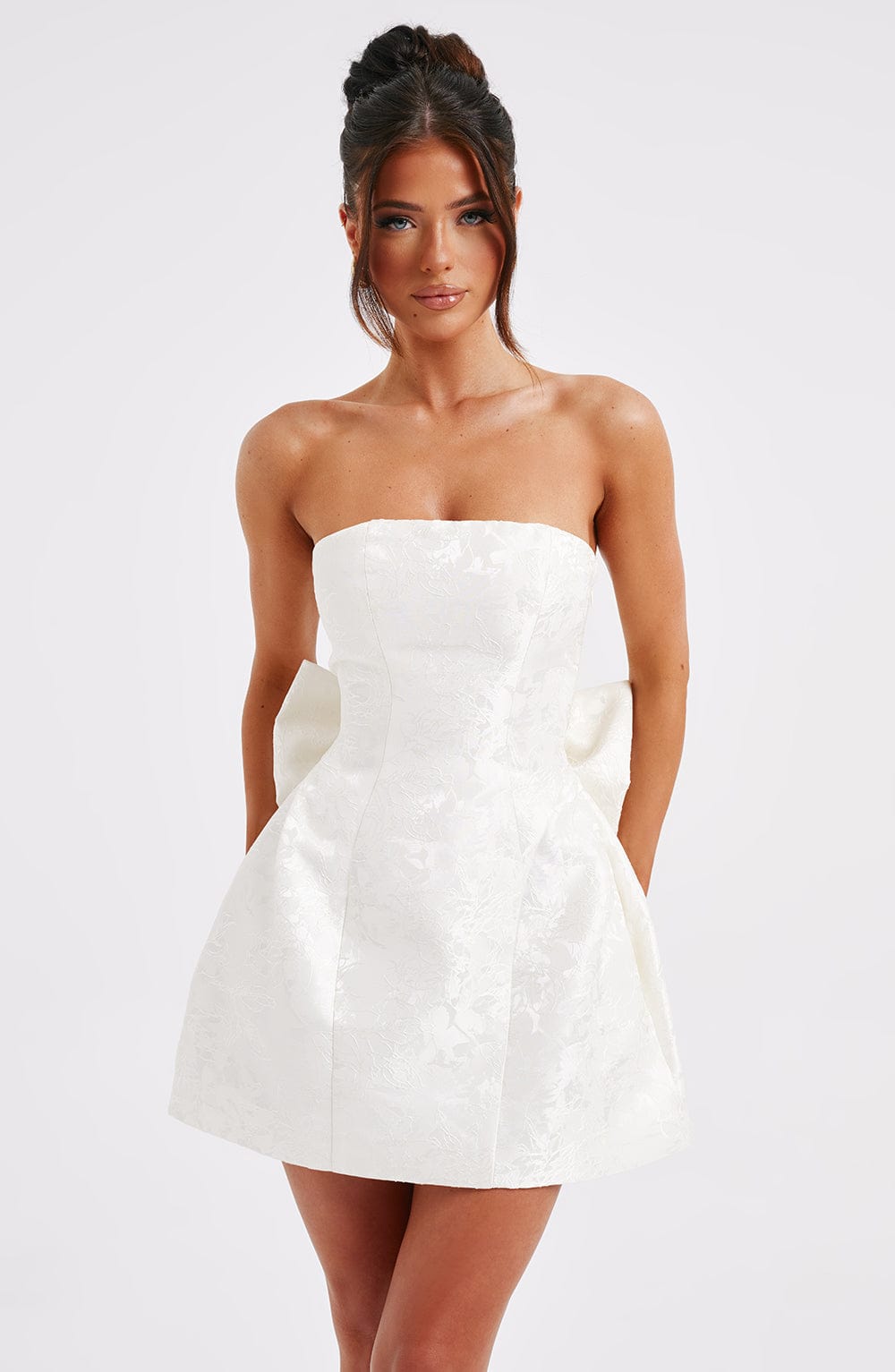 K.Y Women's Dress Elenora Strapless Ivory Jacquard Bow Party