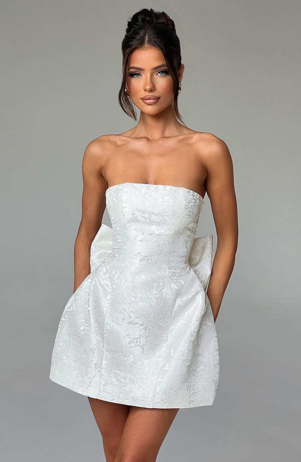 K.Y Women's Dress Elenora Strapless Ivory Jacquard Bow Party