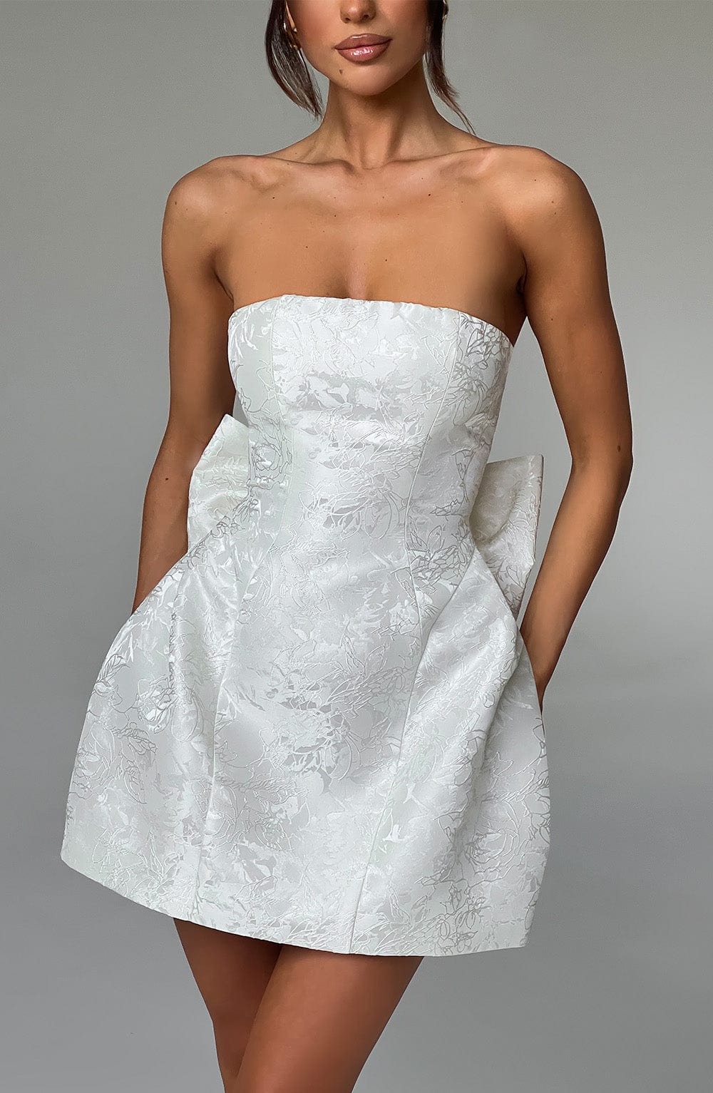 K.Y Women's Dress Elenora Strapless Ivory Jacquard Bow Party