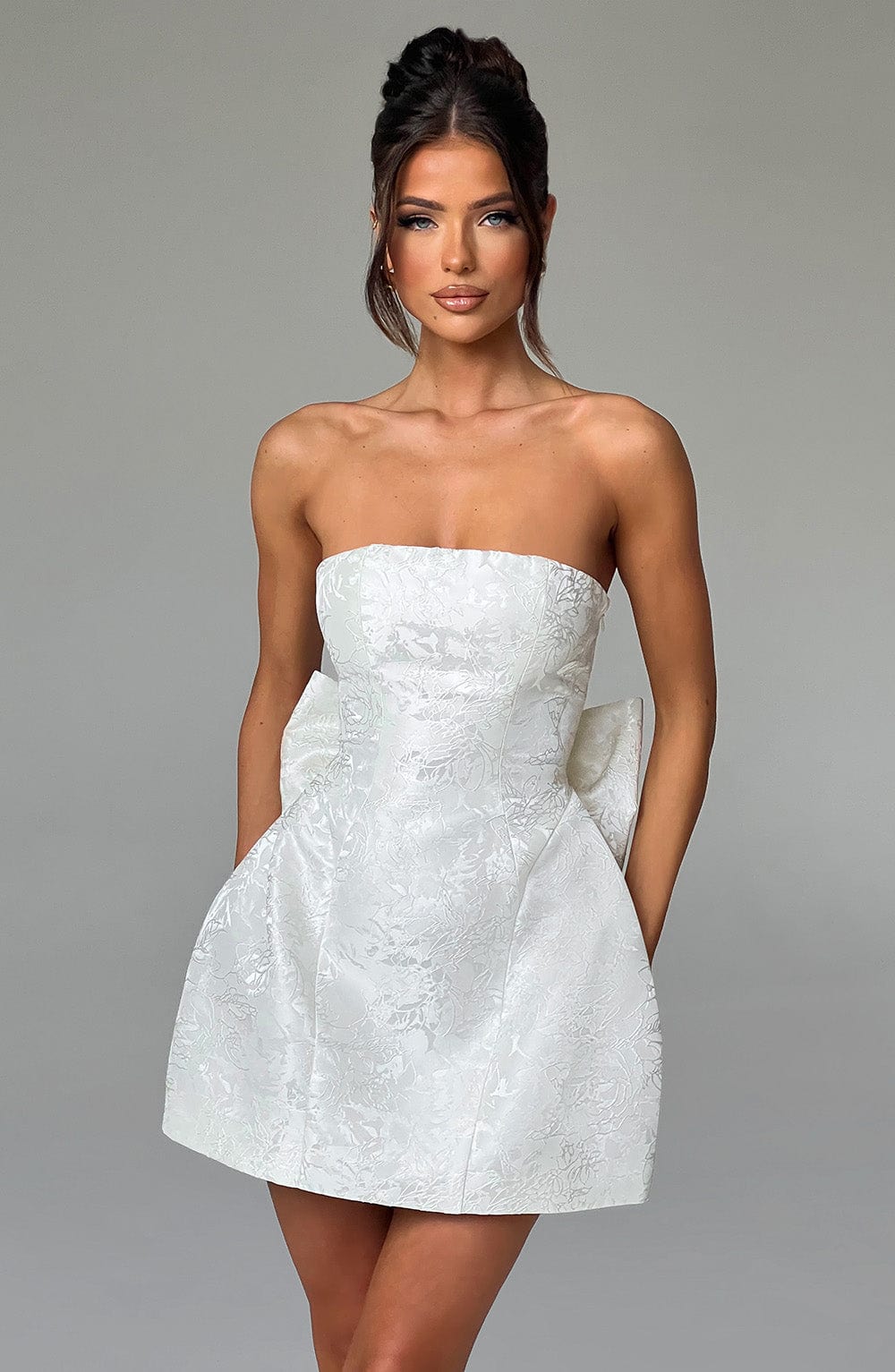 K.Y Women's Dress Elenora Strapless Ivory Jacquard Bow Party