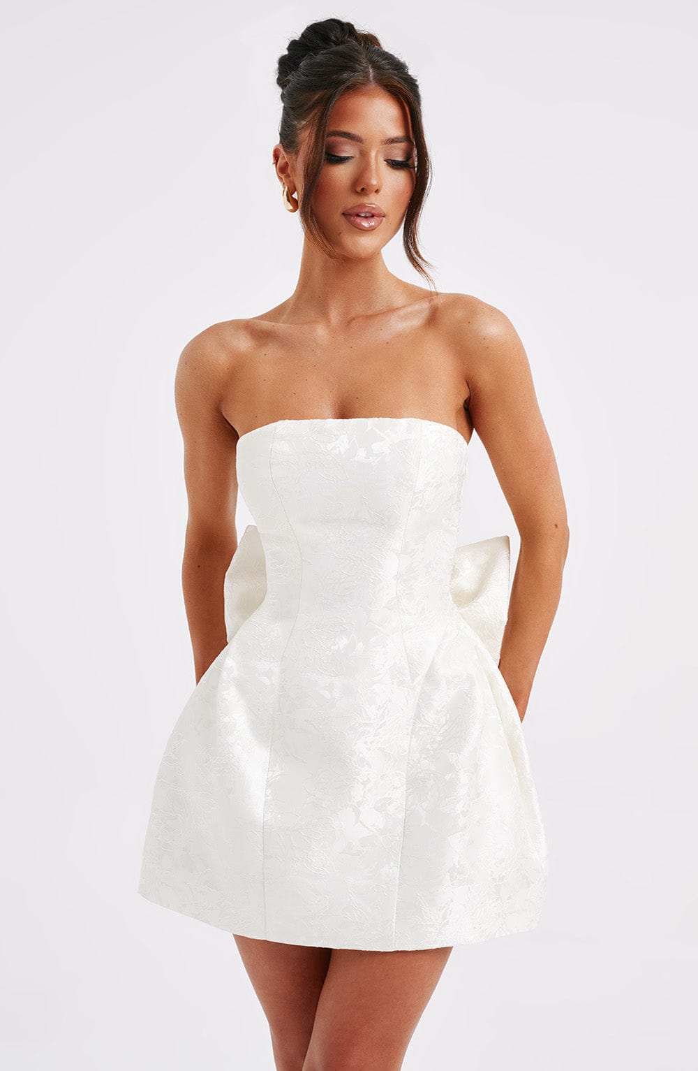K.Y Women's Dress Elenora Strapless Ivory Jacquard Bow Party