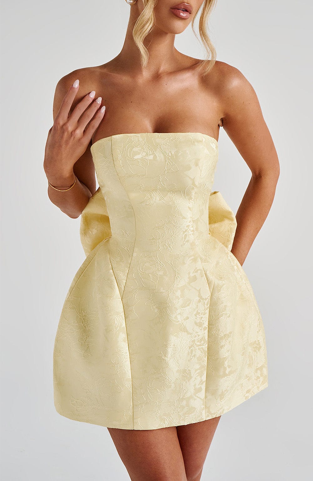 K.Y Women's Dress Strapless Mini Lemon Floral Jacquard Party