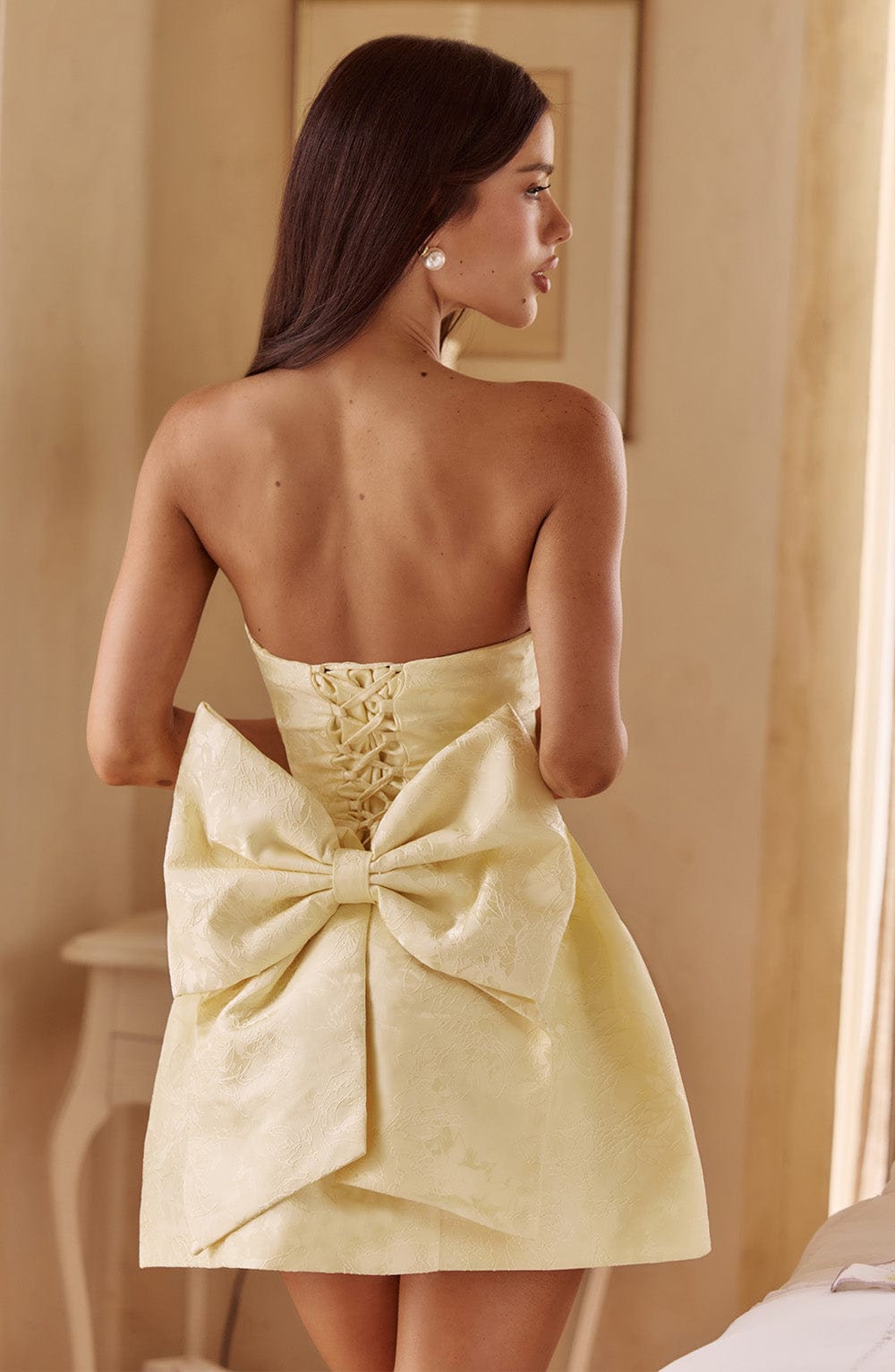 K.Y Women's Dress Strapless Mini Lemon Floral Jacquard Party