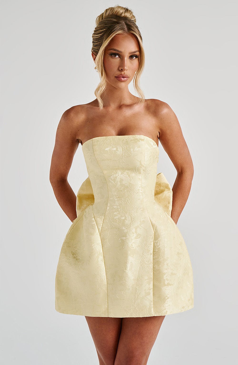 K.Y Women's Dress Strapless Mini Lemon Floral Jacquard Party