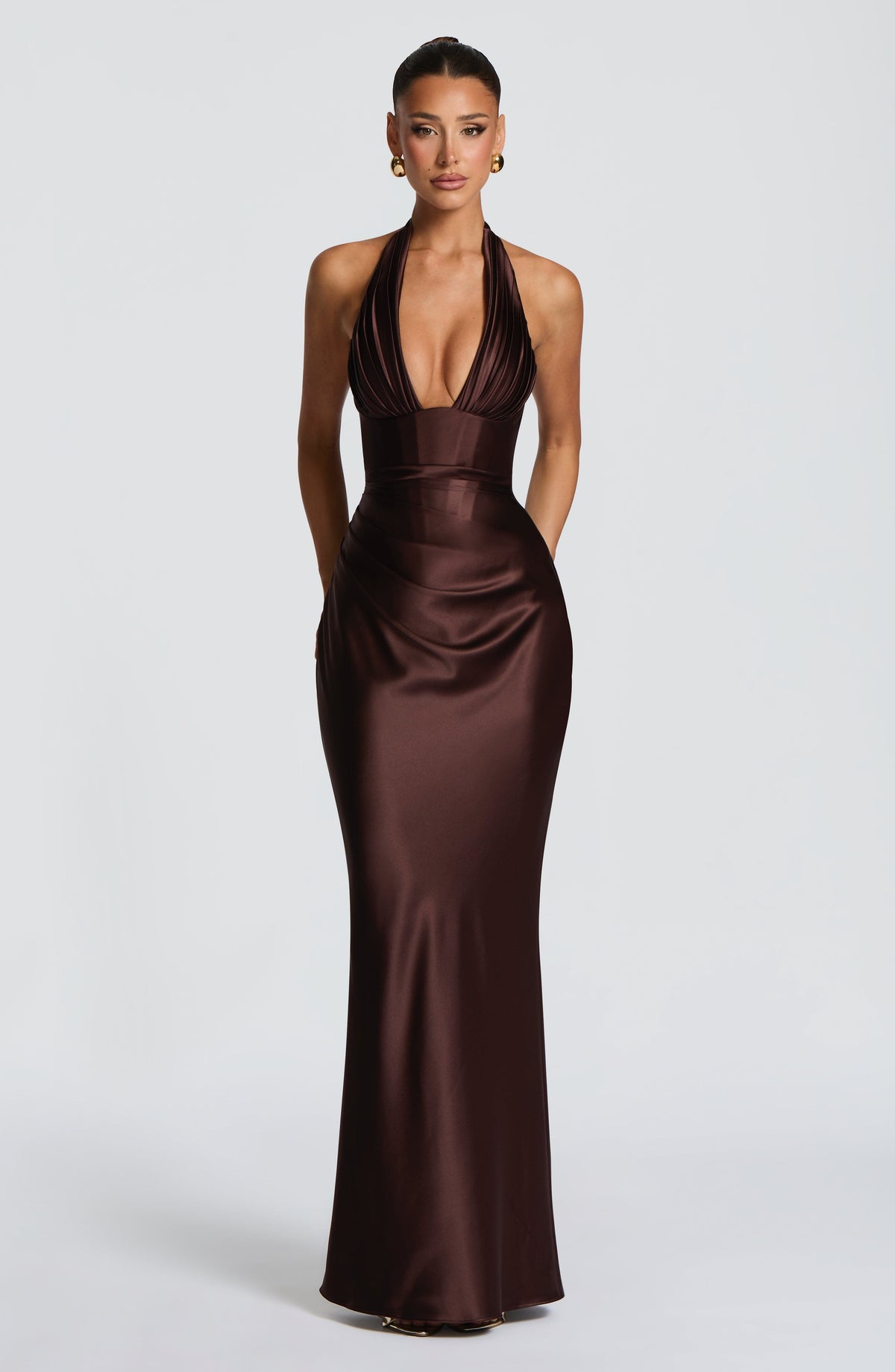 Elowen Women's Dress Maxi Corset Plum Brown Satin Formal