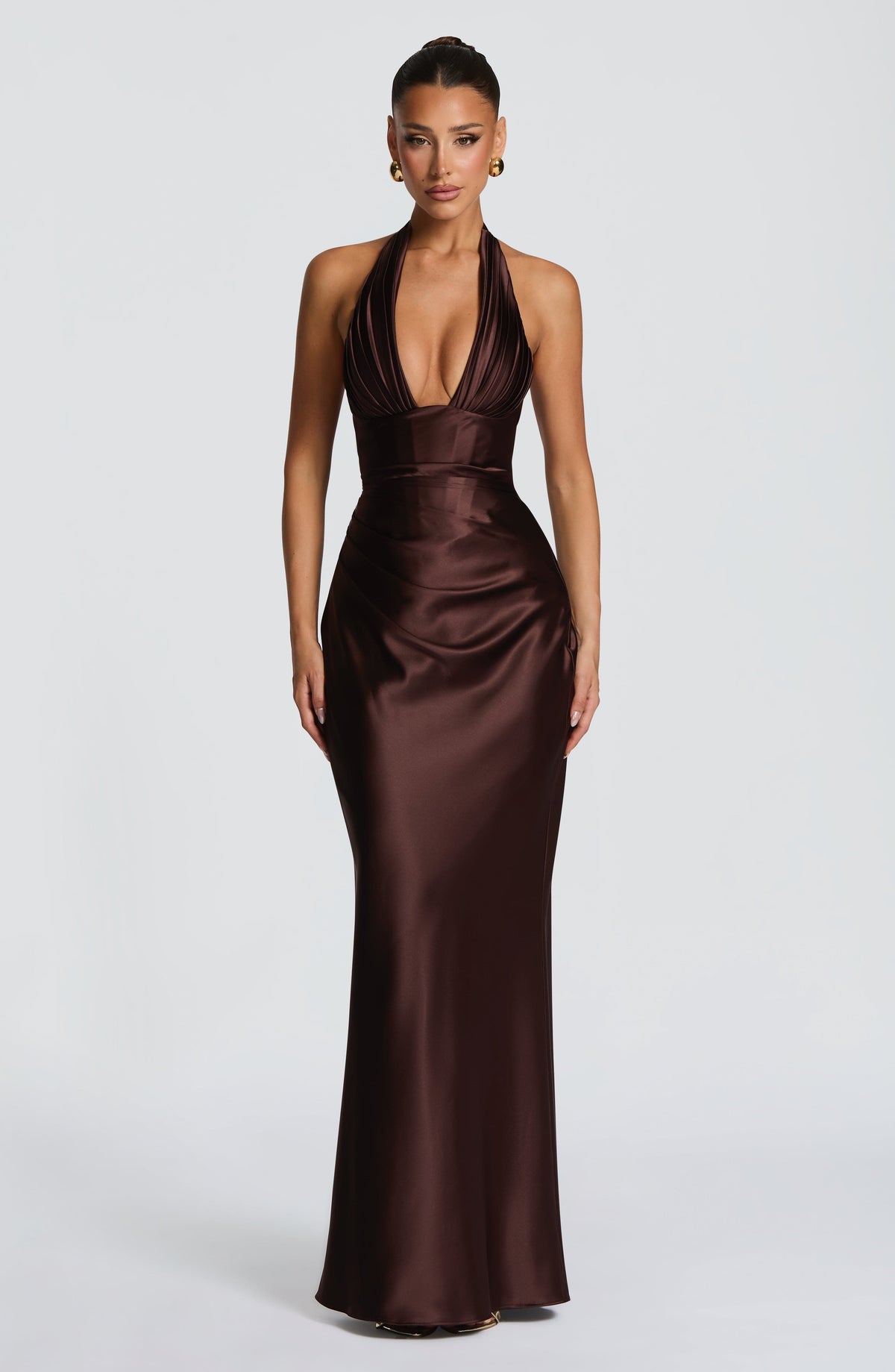 Elowen Women's Dress Maxi Corset Plum Brown Satin Formal