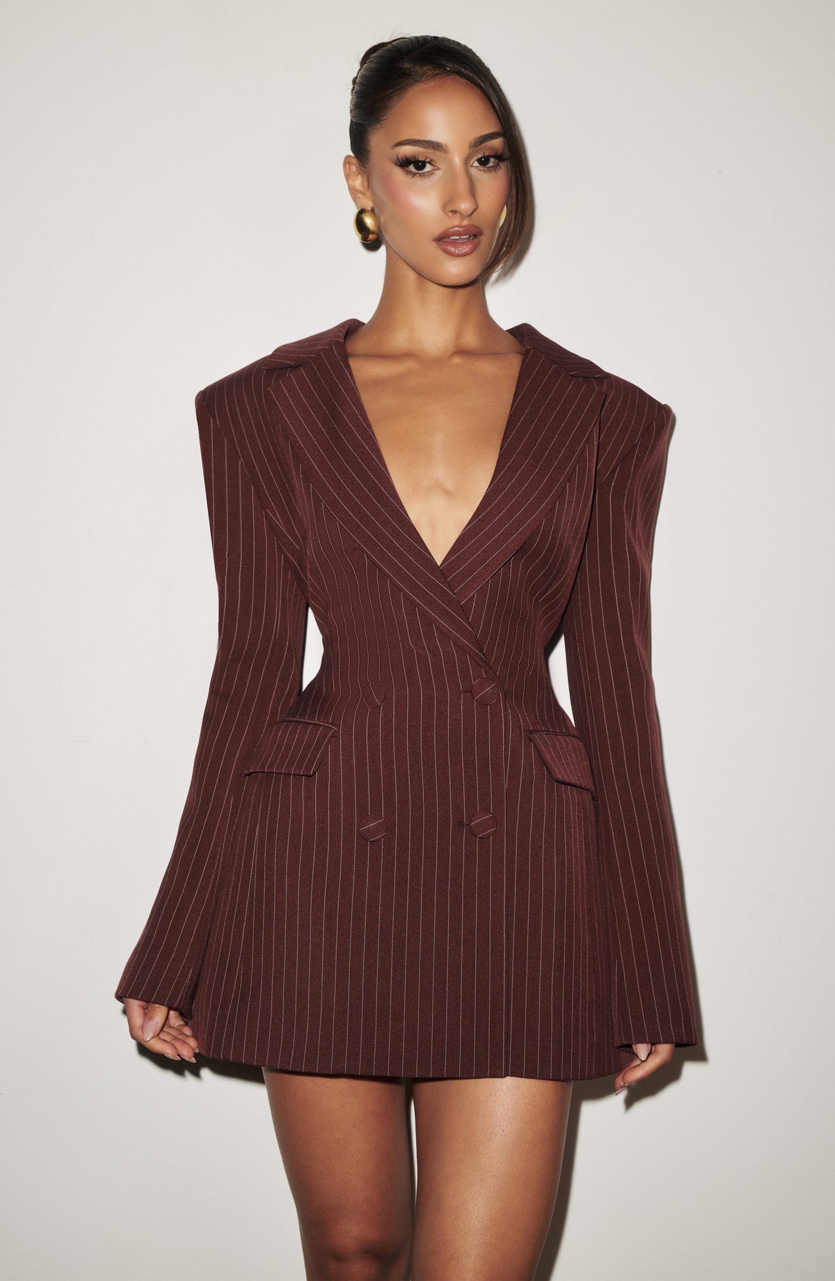 Elvira Women's Dress Mini Burgundy Pinstripe Woven Suiting Evening