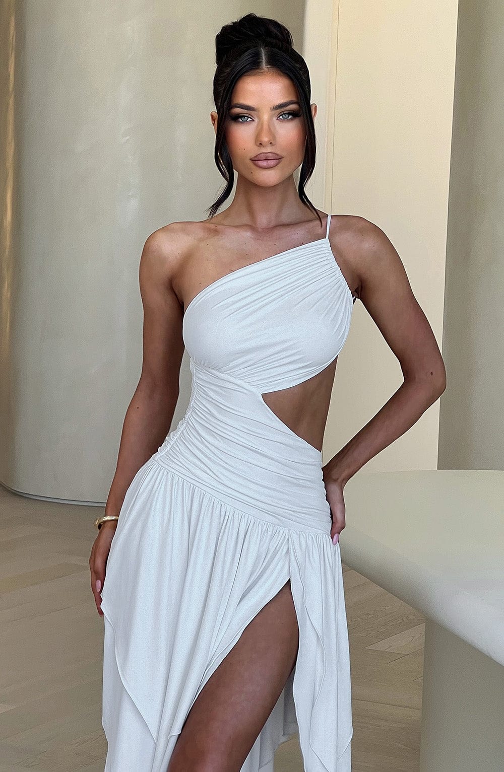 DIA Women's Dress One-Shoulder Cut-Out White Slinky Jersey Evening Party
