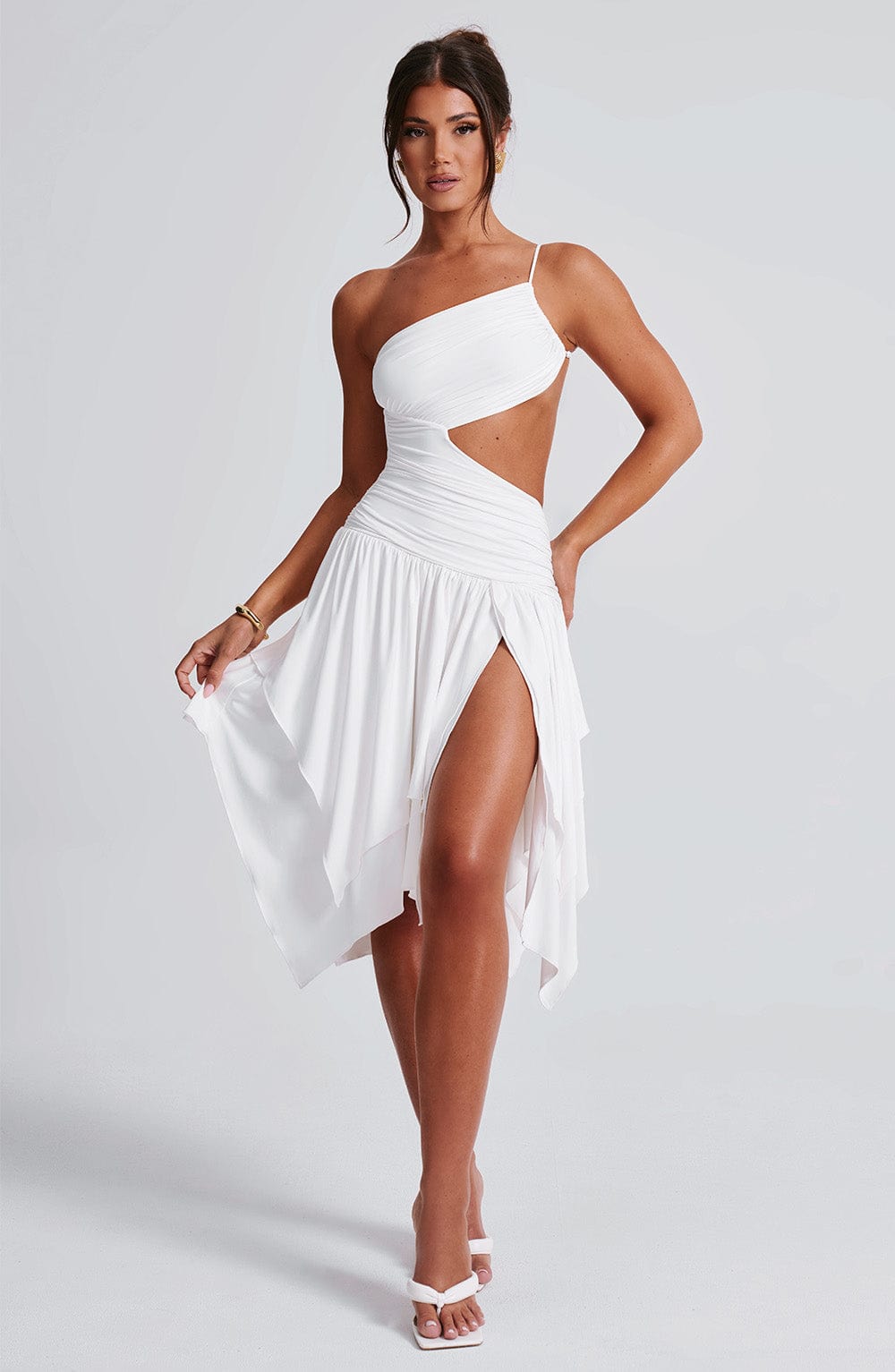 DIA Women's Dress One-Shoulder Cut-Out White Slinky Jersey Evening Party
